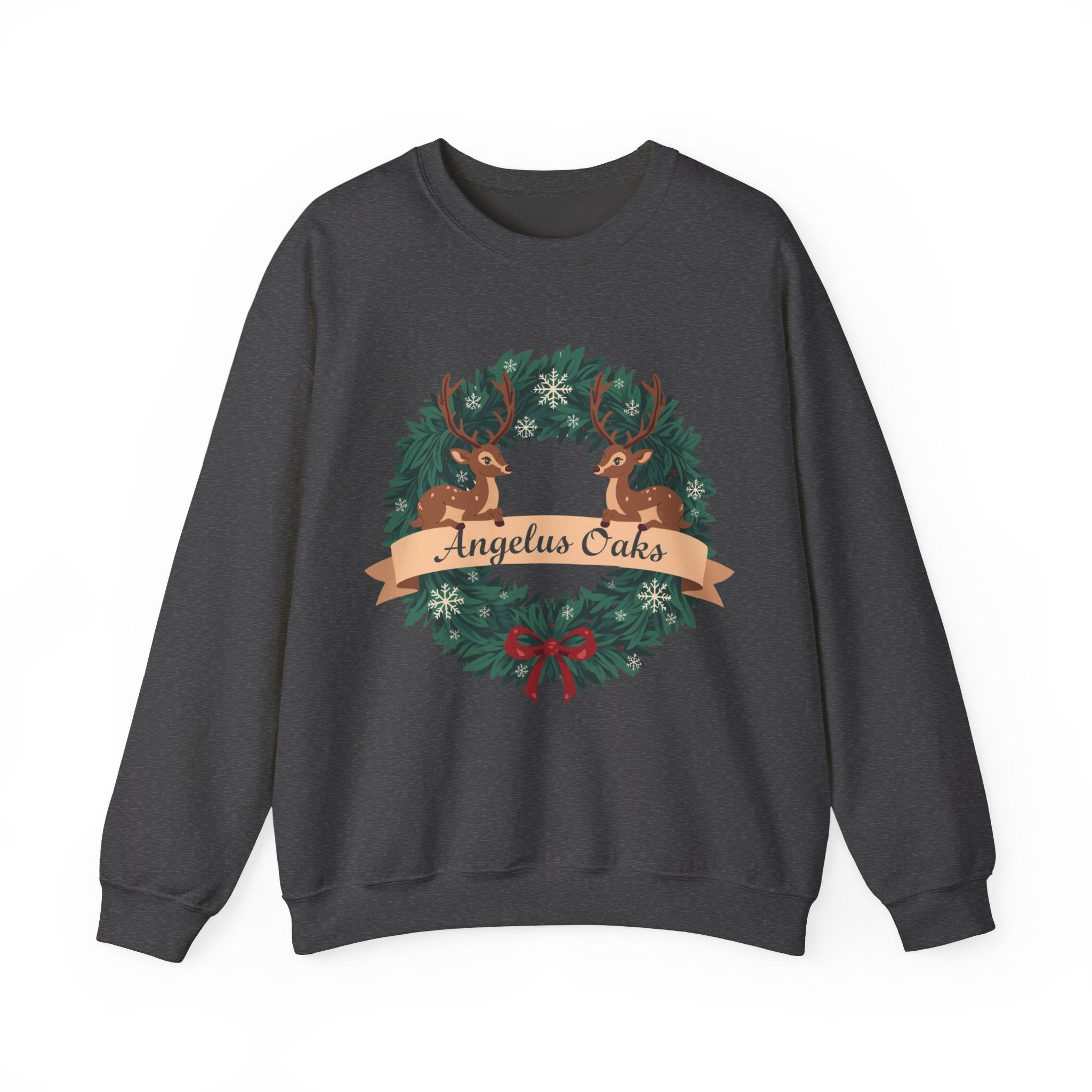Angelus Oaks Christmas Sweatshirt – Deer Wreath Holiday Crewneck | Cozy Mountain Town Christmas Sweater | Gildan 18000