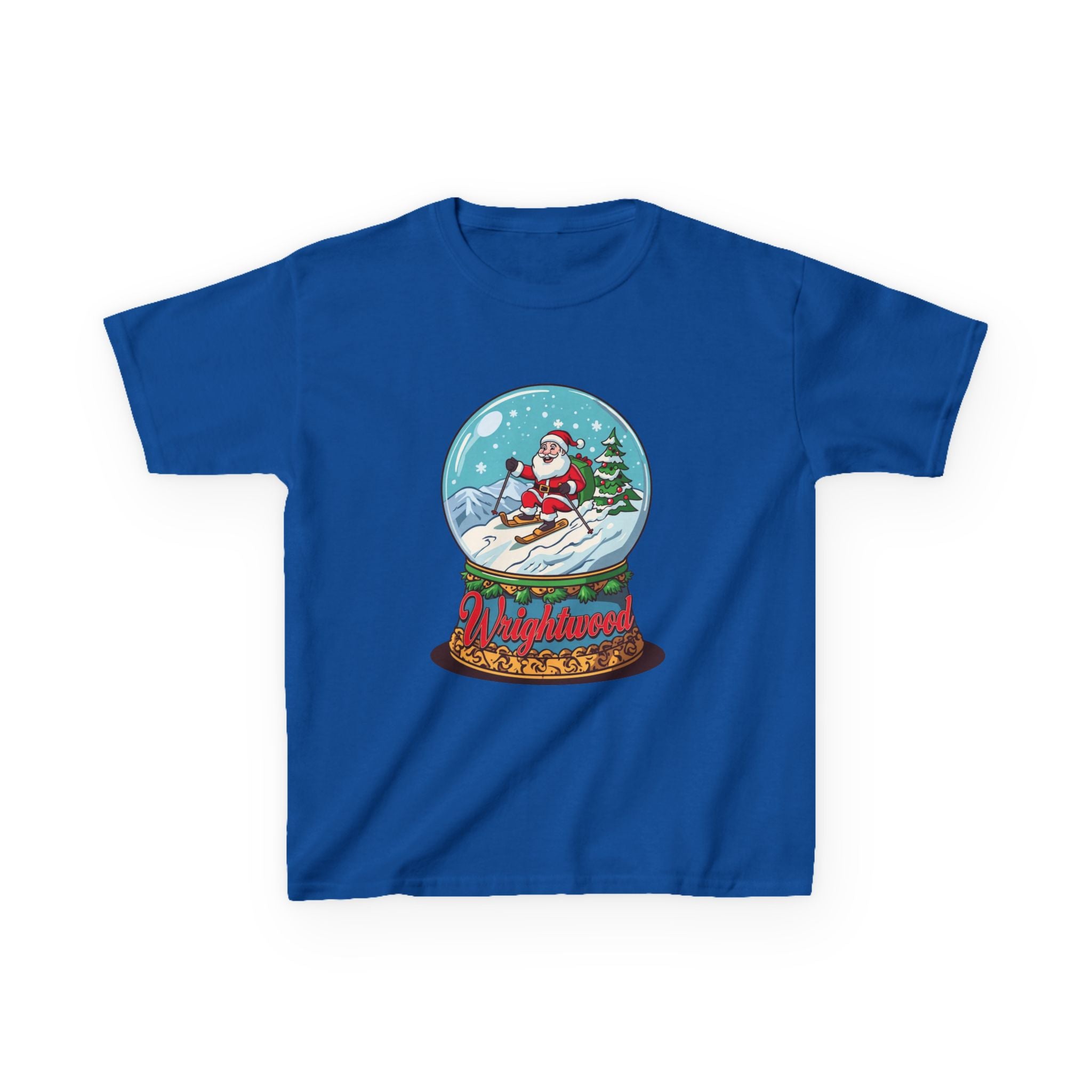Wrightwood Christmas Kids Shirt – Cute Skiing Santa Snow Globe Tee | Mountain Town Christmas Gift for Kids | Gildan 5000B