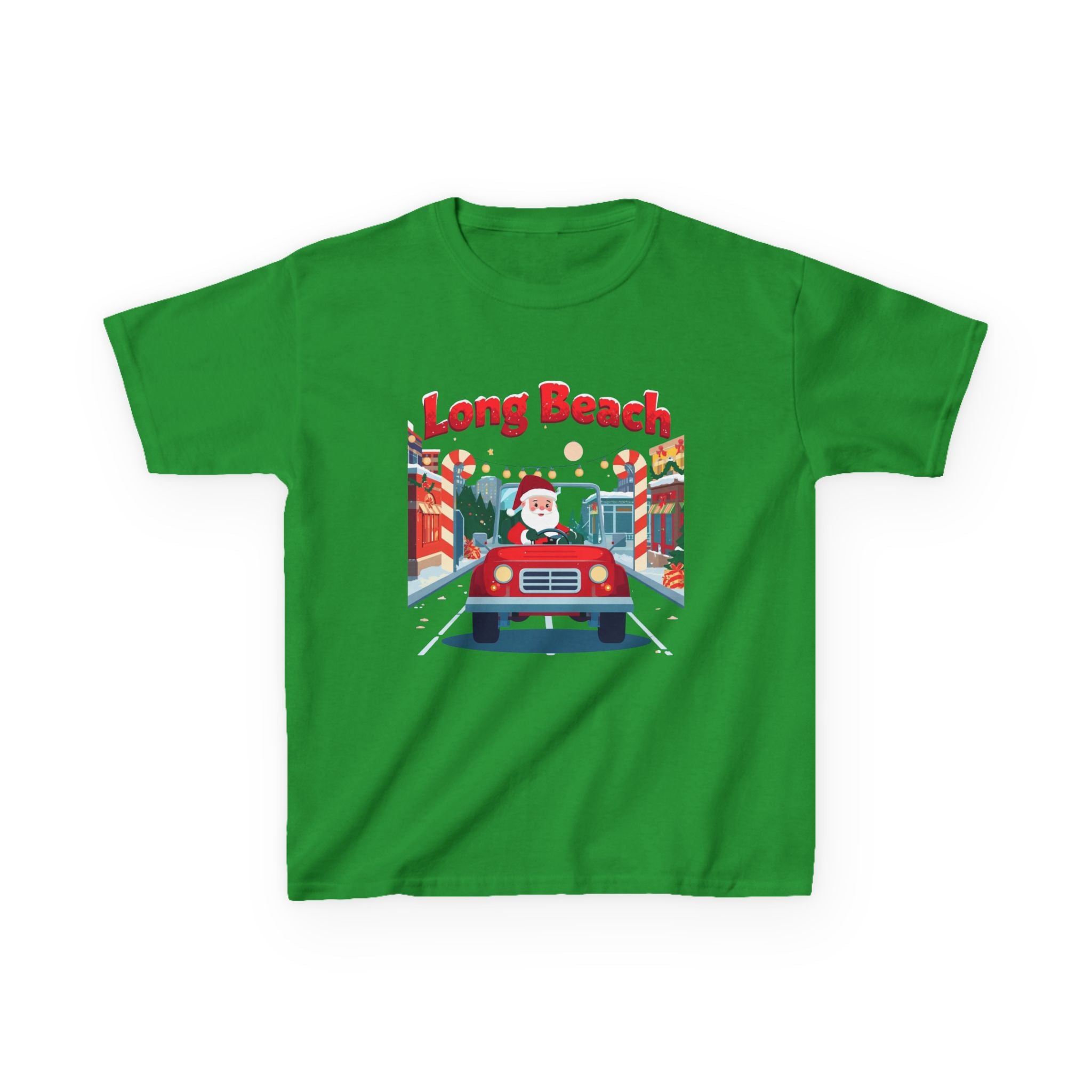 Kids Long Beach Christmas Santa Car Shirt – Cute Holiday Youth Tee | Santa Driving Graphic | California Christmas Kids T-Shirt | Gildan 5000B
