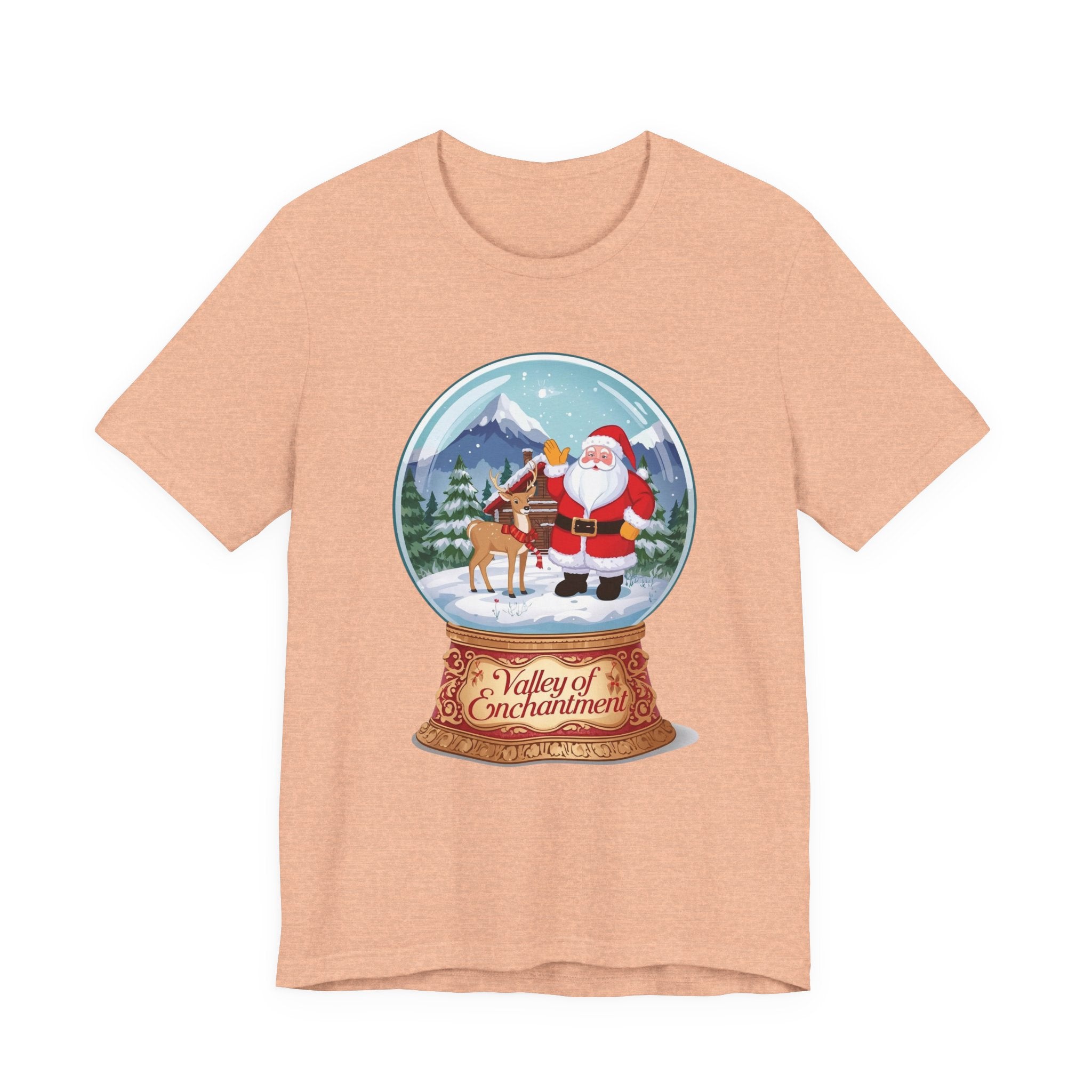 Valley of Enchantment Christmas Shirt – Cute Snow Globe Santa & Reindeer Cabin Tee | Mountain Town Christmas Gift | Bella Canvas 3001