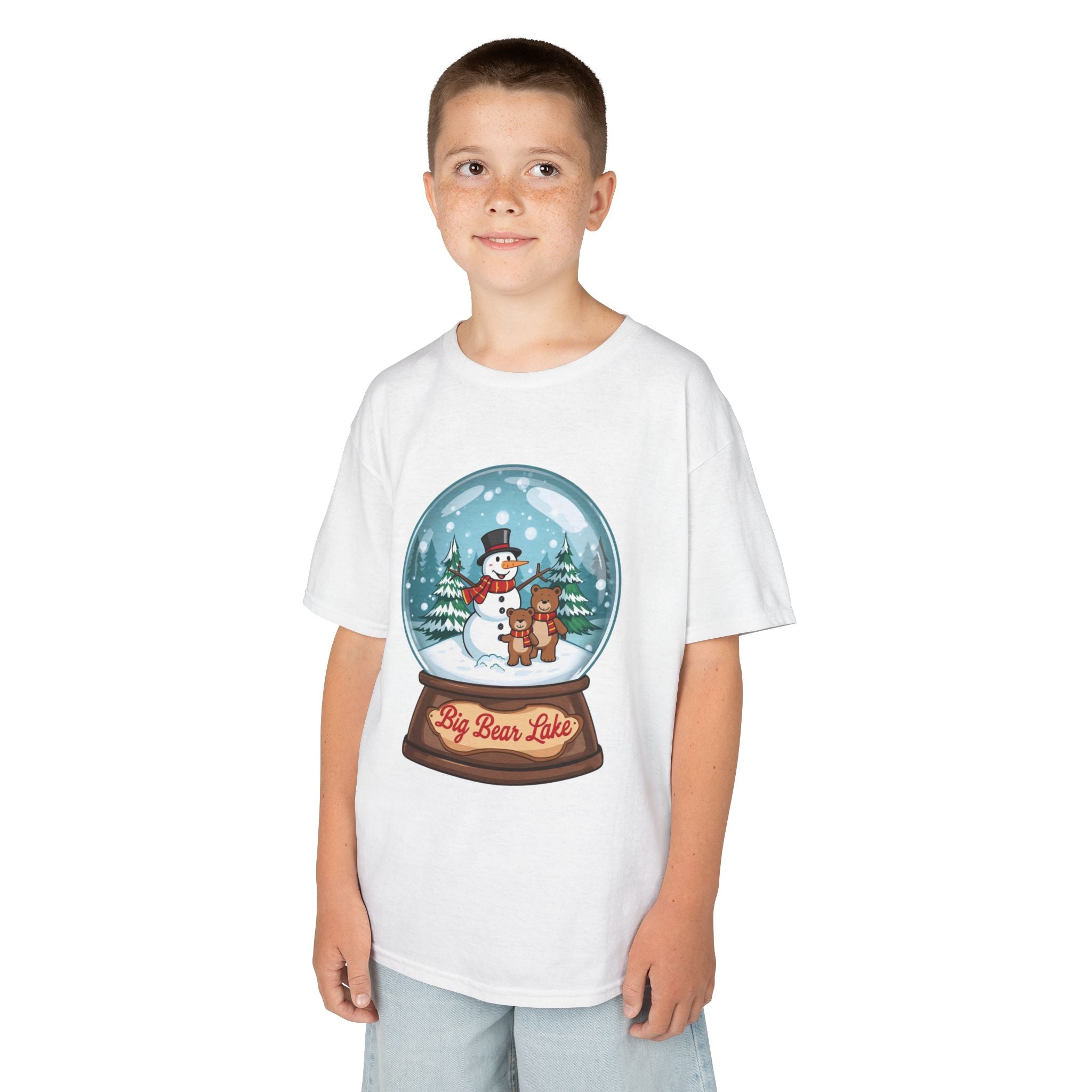 Big Bear Lake Snow Globe Kids Christmas Shirt – Cute Snowman & Bear Holiday Tee | Mountain Winter Cabin Gift | Christmas Kids Tee | Gildan 5000B