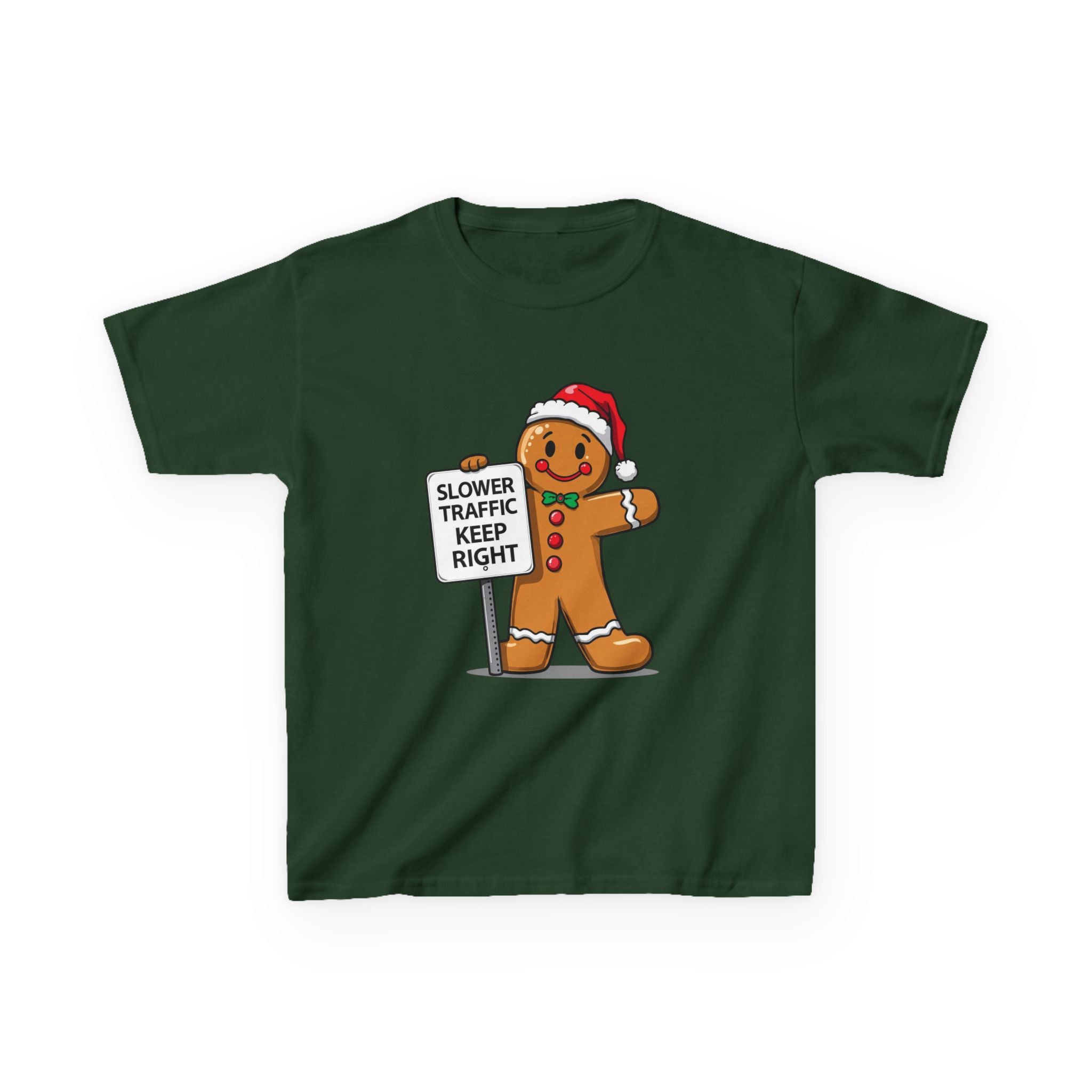 Funny Gingerbread Traffic Kids Christmas Shirt – Slower Traffic Keep Right Holiday Tee | Cute Gingerbread Man Humor | Gildan 5000B