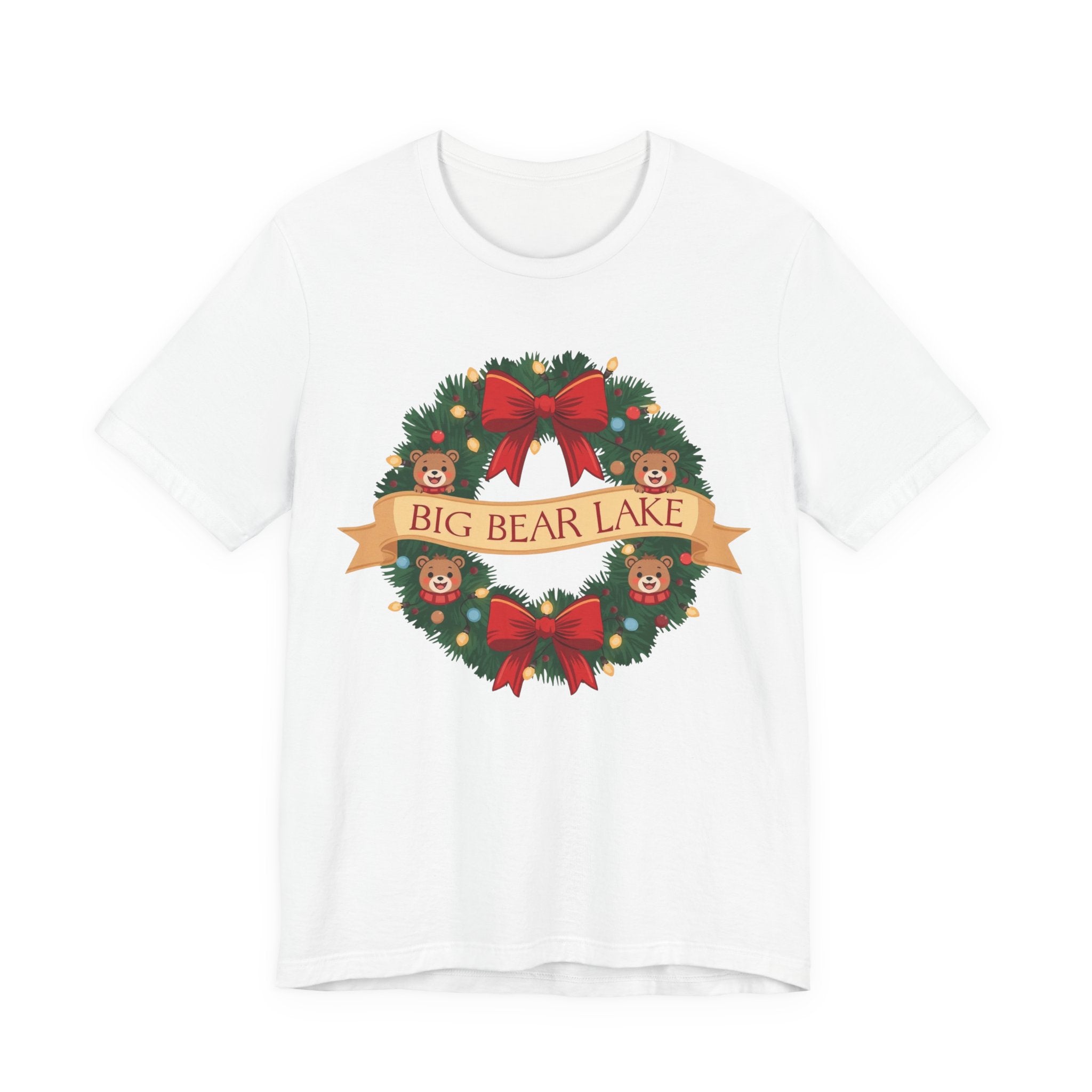 Big Bear Lake Christmas Wreath T-Shirt — Cute Holiday Bears & Lights | Bella Canvas 3001