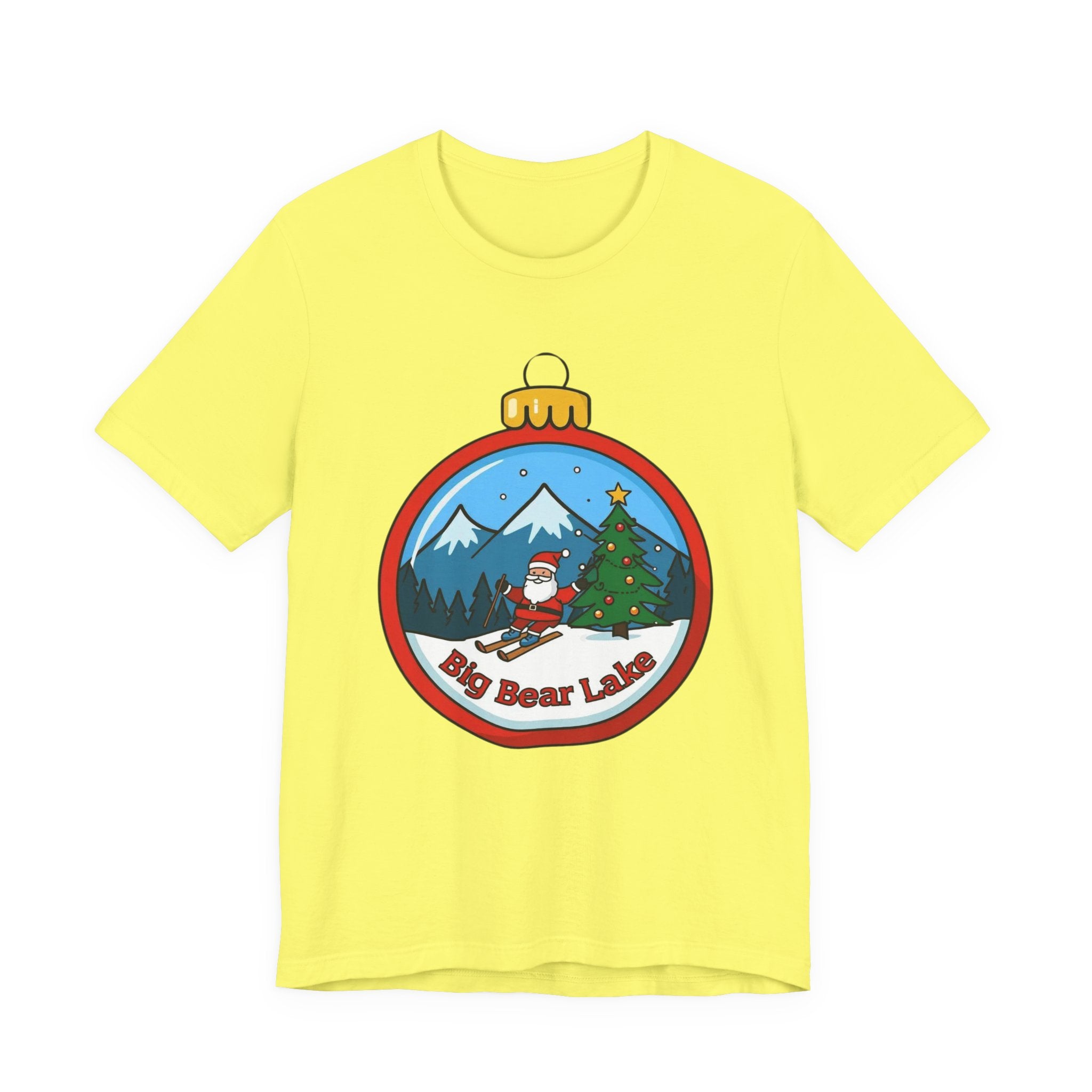 Big Bear Lake Skiing Santa Ornament T-Shirt — Christmas Mountain Holiday Tee | Bella Canvas 3001