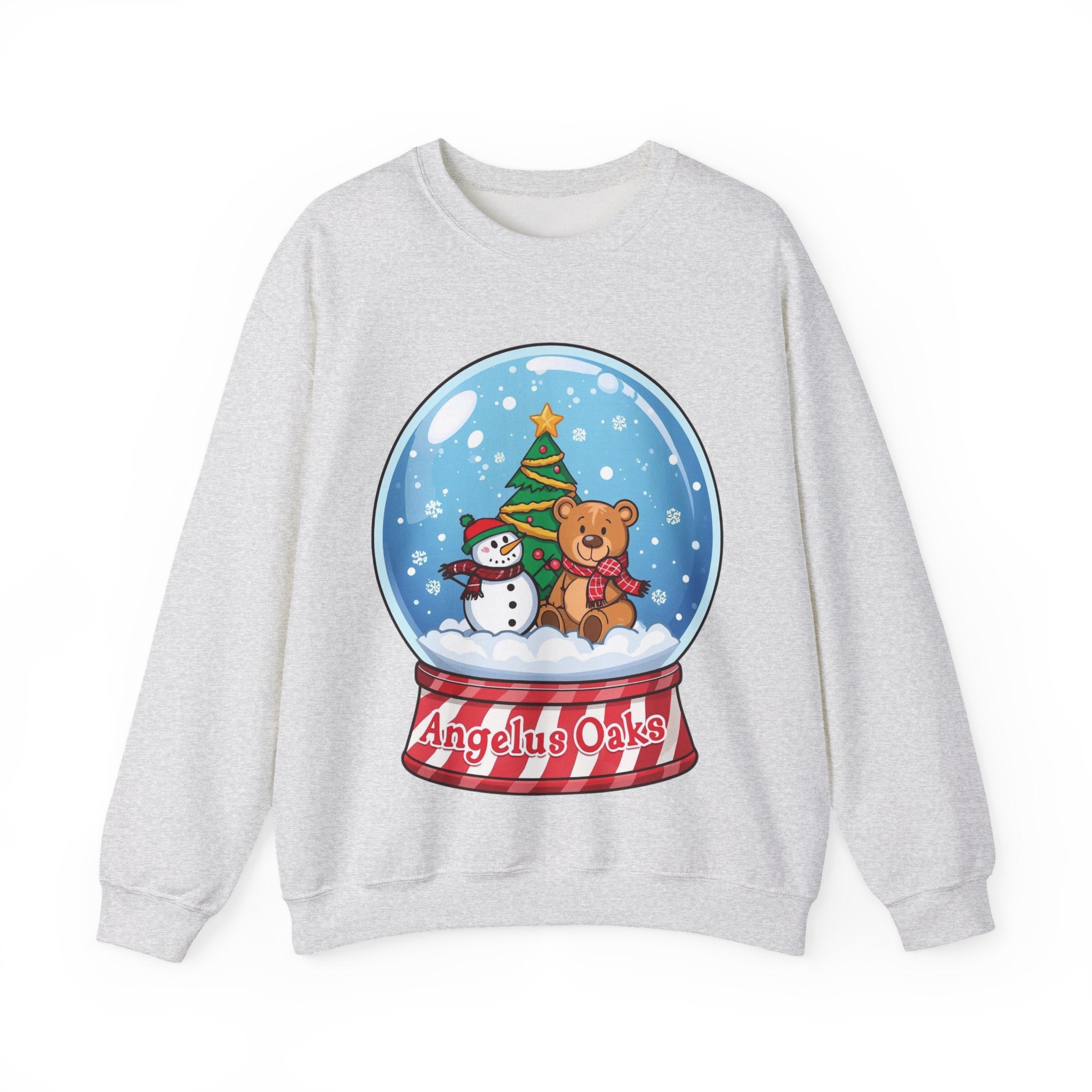 Angelus Oaks Christmas Sweatshirt – Snow Globe Bear & Snowman Crewneck | Cozy Mountain Town Holiday Sweater | Gildan 18000