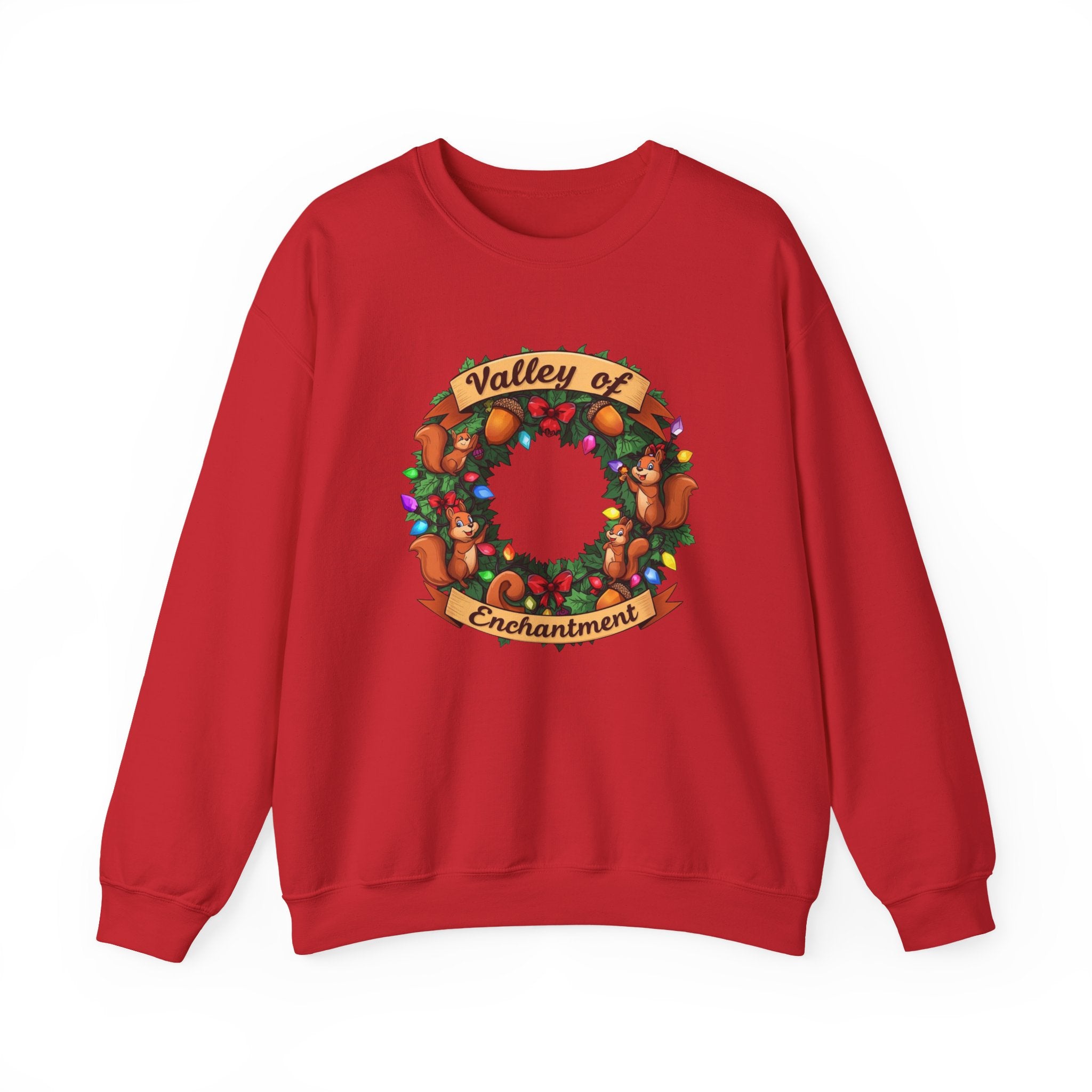 Valley of Enchantment Christmas Sweatshirt – Cute Holiday Wreath Squirrel Crewneck | Mountain Town Christmas Gift | Gildan 18000