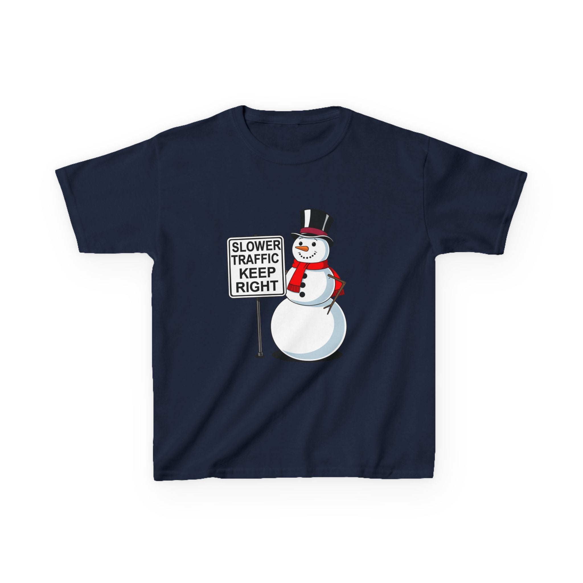 Kids Snowman Slower Traffic Keep Right Shirt – Funny Christmas Road Sign Tee | Holiday Snowman Humor Top | Gildan 5000B