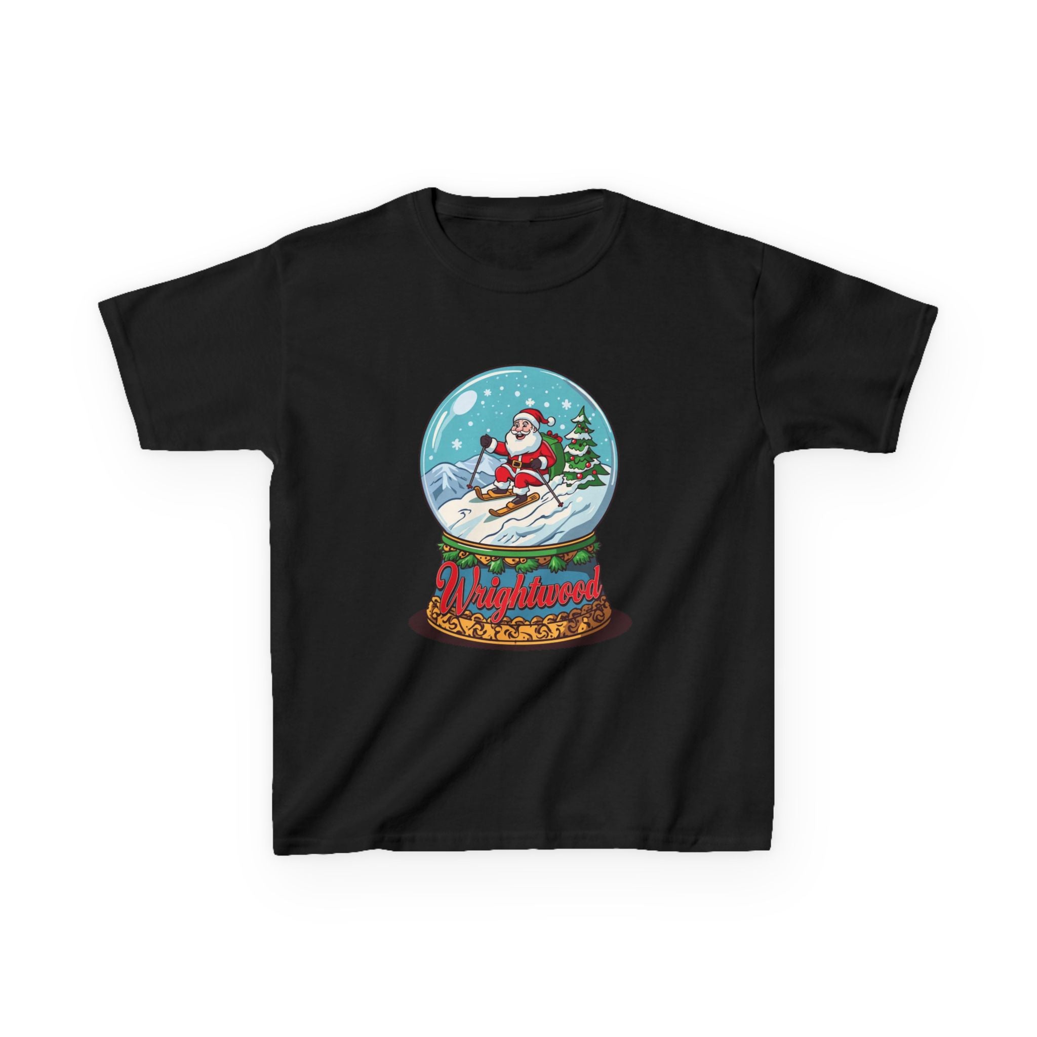 Wrightwood Christmas Kids Shirt – Cute Skiing Santa Snow Globe Tee | Mountain Town Christmas Gift for Kids | Gildan 5000B