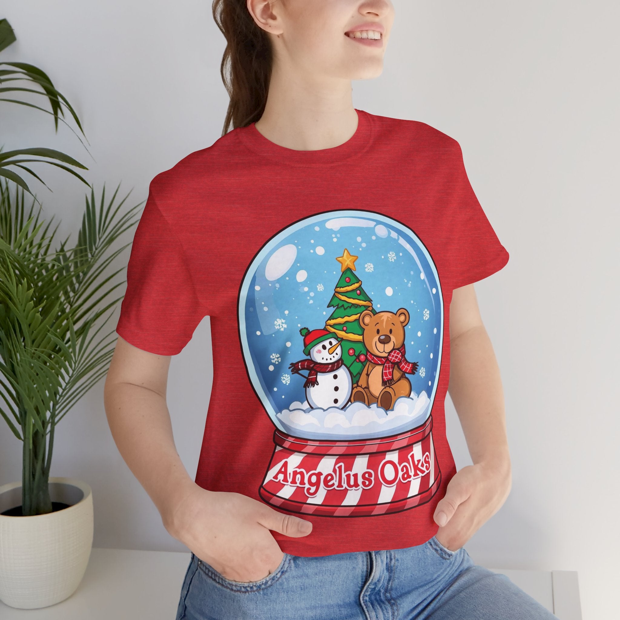 Angelus Oaks Christmas Shirt – Snow Globe Bear & Snowman Holiday Tee | Cute Mountain Town Christmas Shirt | Bella Canvas 3001