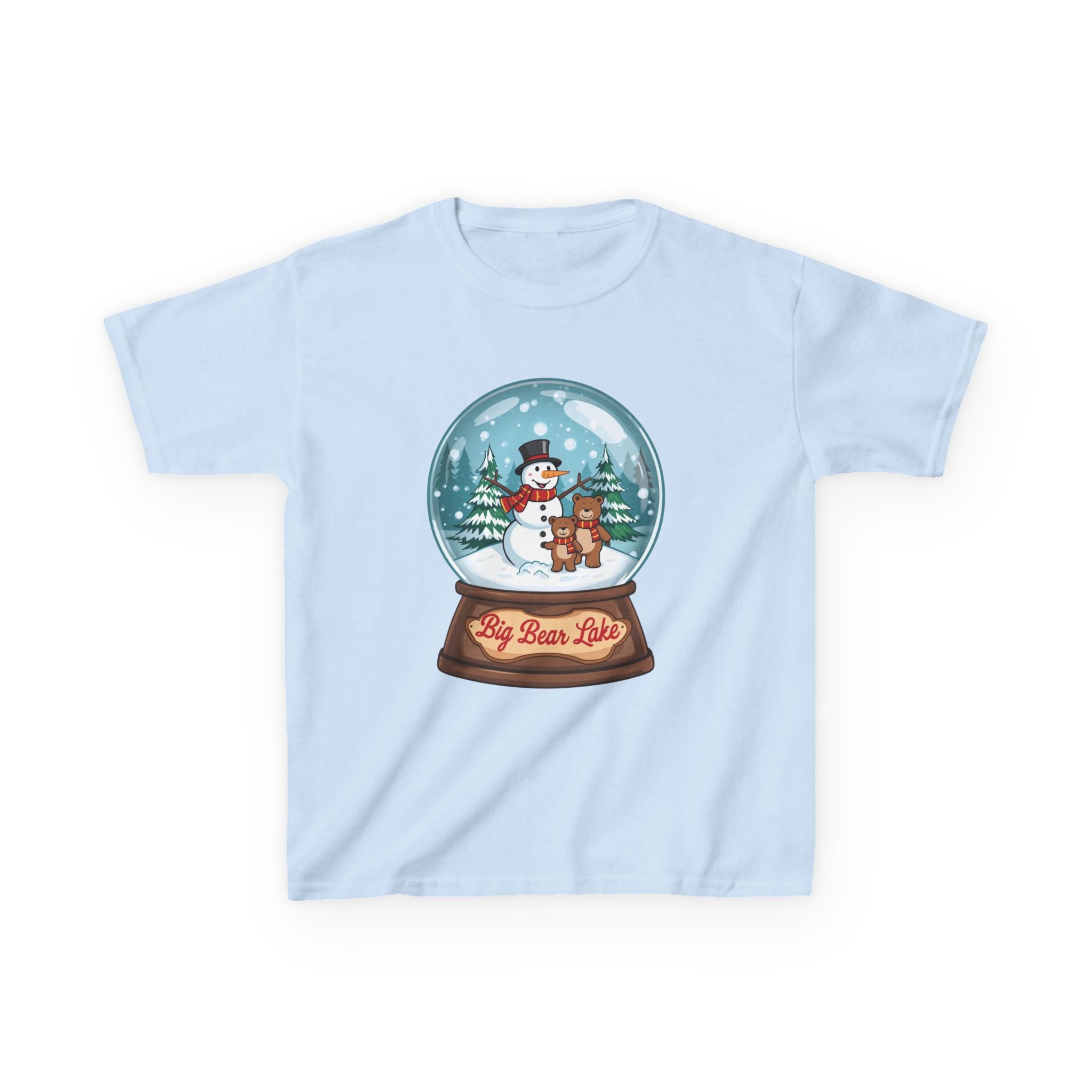 Big Bear Lake Snow Globe Kids Christmas Shirt – Cute Snowman & Bear Holiday Tee | Mountain Winter Cabin Gift | Christmas Kids Tee | Gildan 5000B