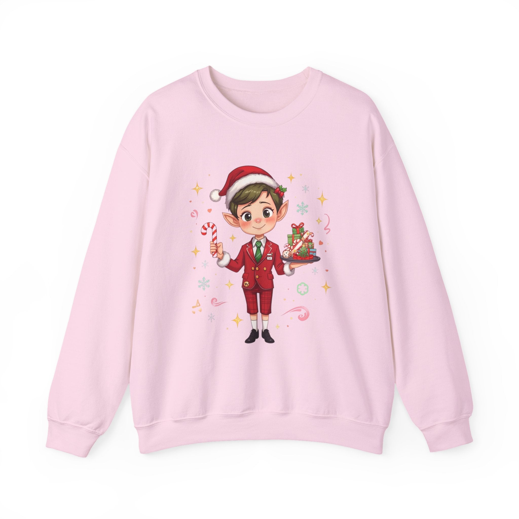 Christmas Cabin Elf Crewneck Sweatshirt — Cute Holiday Elf Holding Candy Cane & Gifts