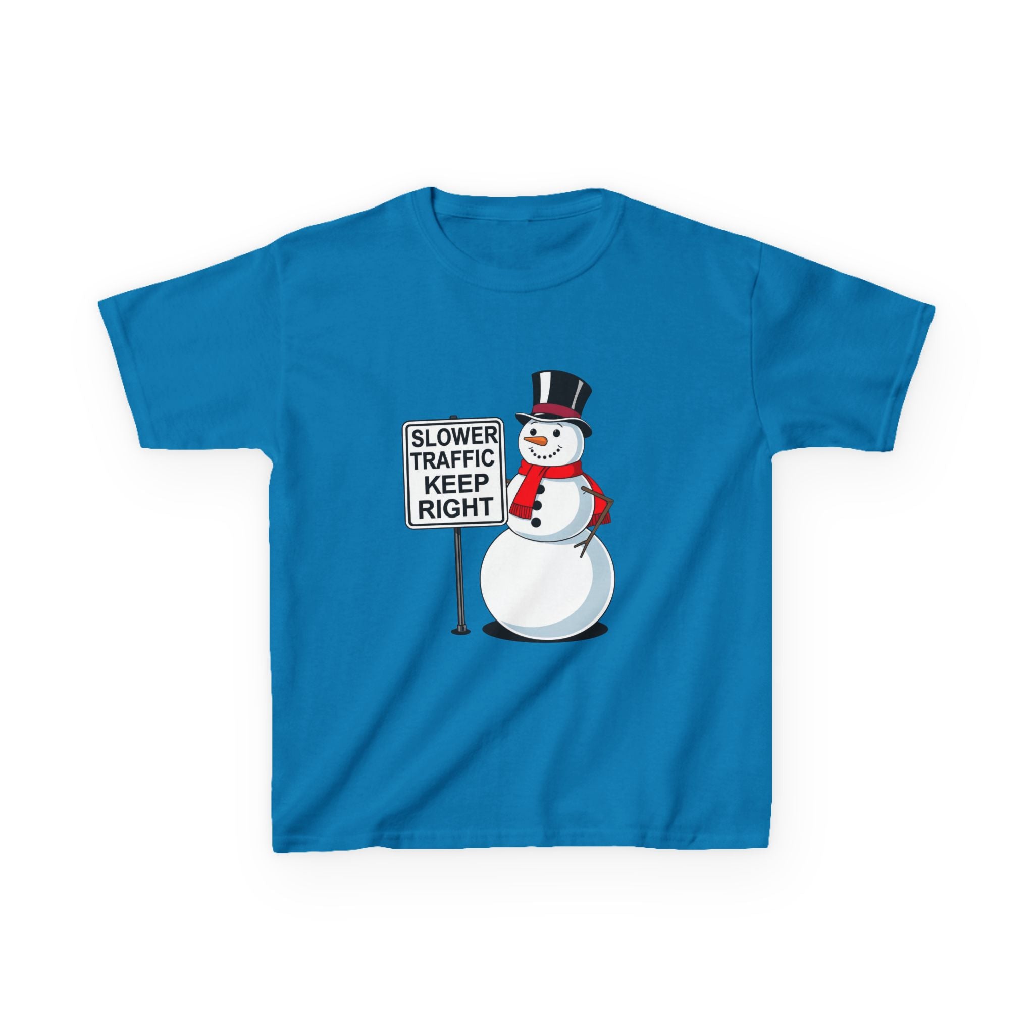 Kids Snowman Slower Traffic Keep Right Shirt – Funny Christmas Road Sign Tee | Holiday Snowman Humor Top | Gildan 5000B