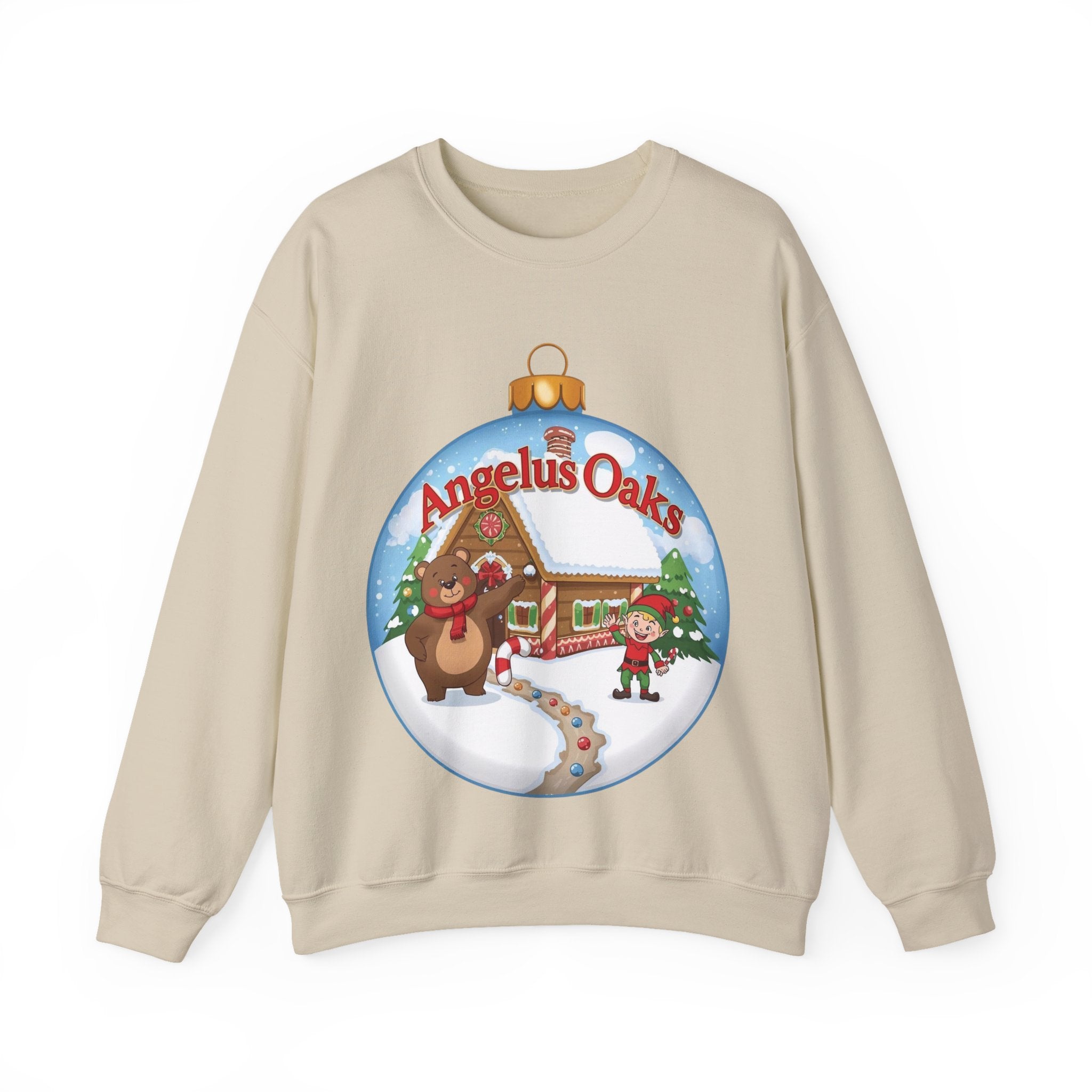 Angelus Oaks Christmas Sweatshirt – Bear & Elf Gingerbread Holiday Crewneck | Cute Mountain Town Christmas Sweater | Gildan 18000