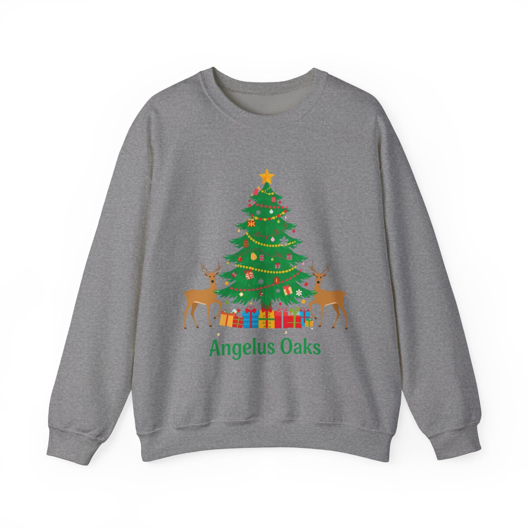 Angelus Oaks Christmas Sweatshirt – Christmas Tree & Deer Holiday Crewneck | Mountain Town Christmas Sweater | Gildan 18000
