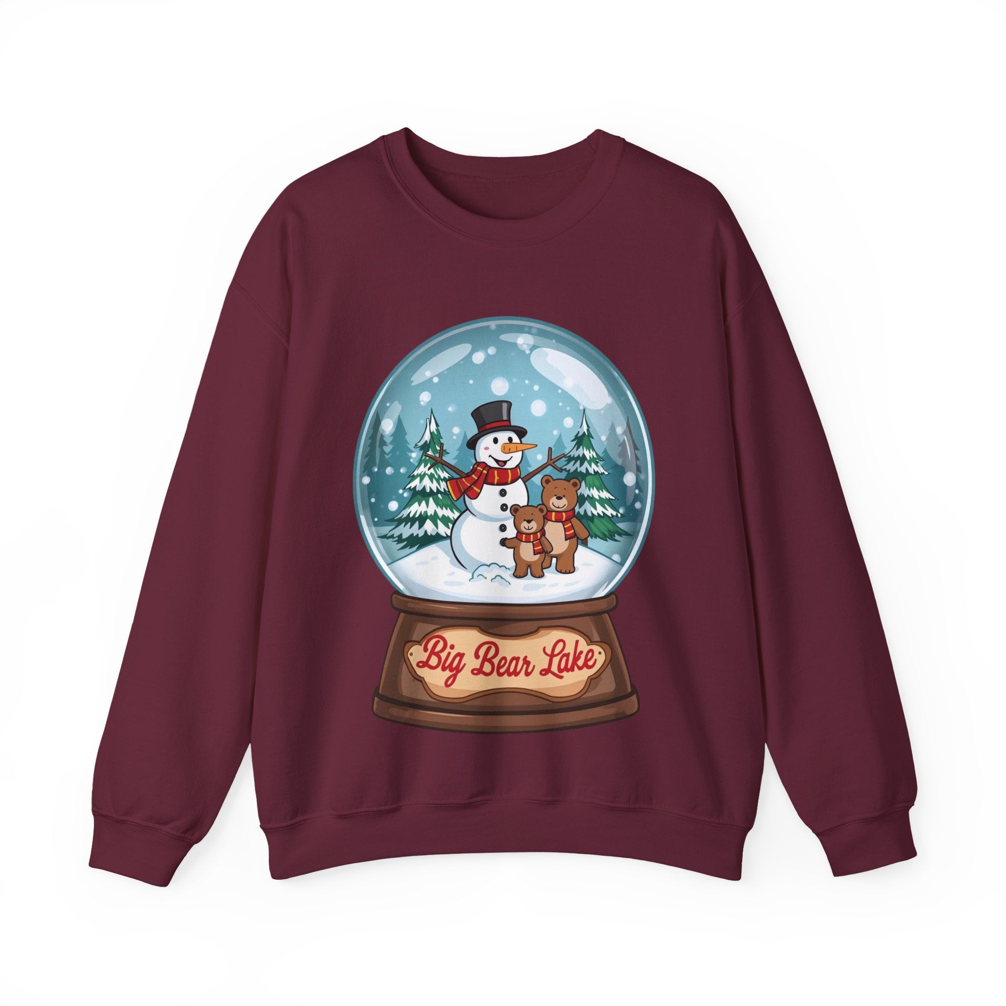 Big Bear Lake Snow Globe Christmas Sweatshirt – Cute Snowman & Bears Winter Crewneck | Holiday Mountain Gift | California Xmas Sweater | Gildan 18000