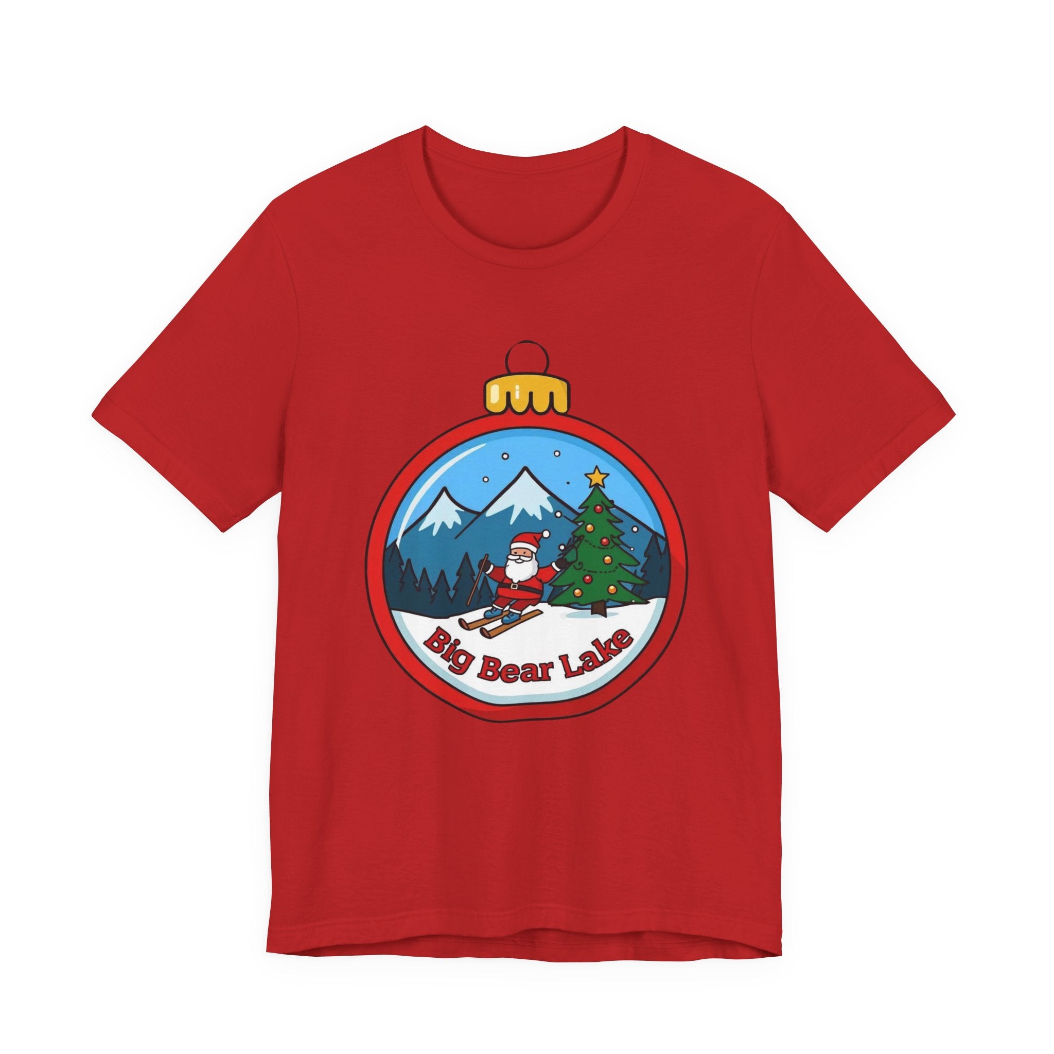 Big Bear Lake Skiing Santa Ornament T-Shirt — Christmas Mountain Holiday Tee | Bella Canvas 3001
