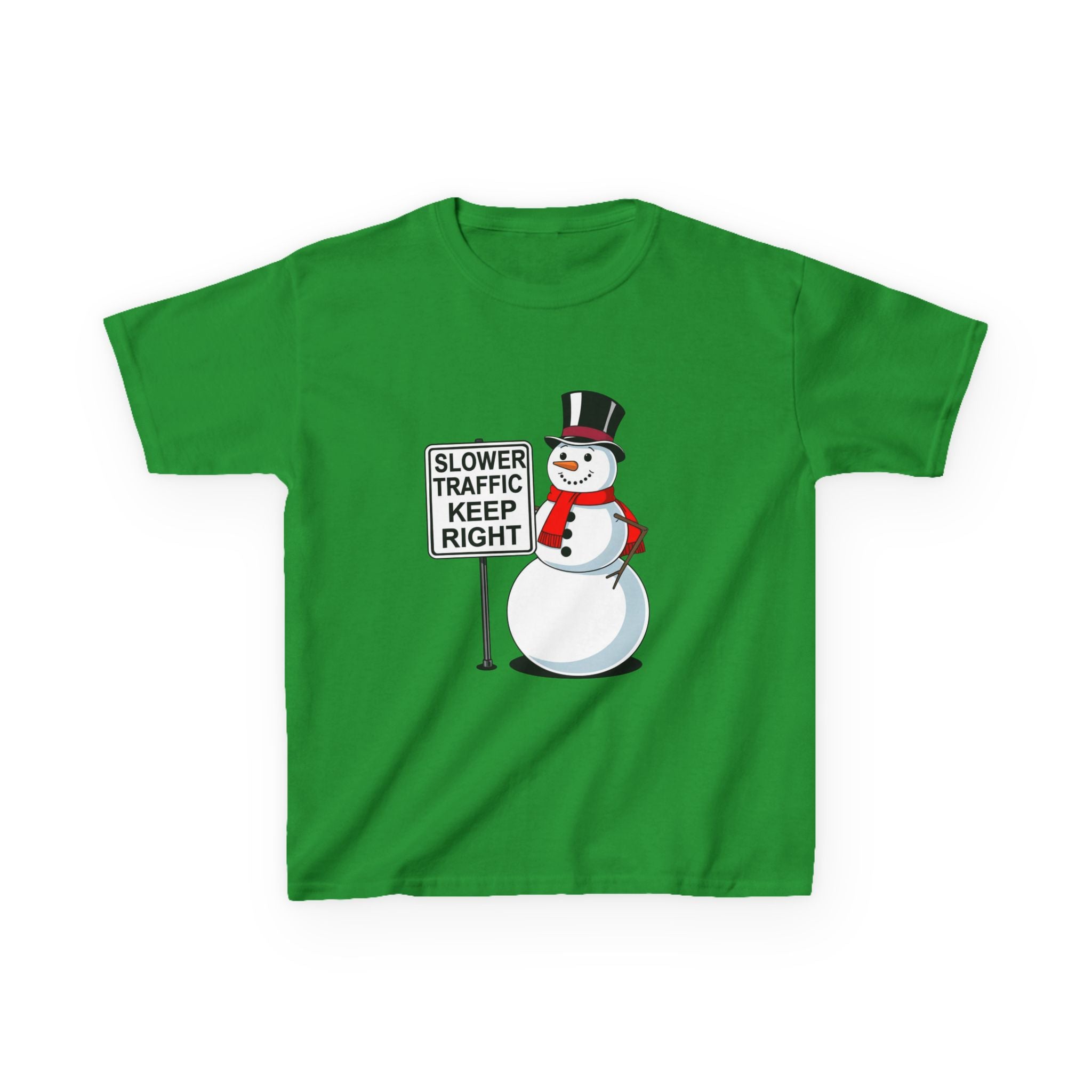 Kids Snowman Slower Traffic Keep Right Shirt – Funny Christmas Road Sign Tee | Holiday Snowman Humor Top | Gildan 5000B