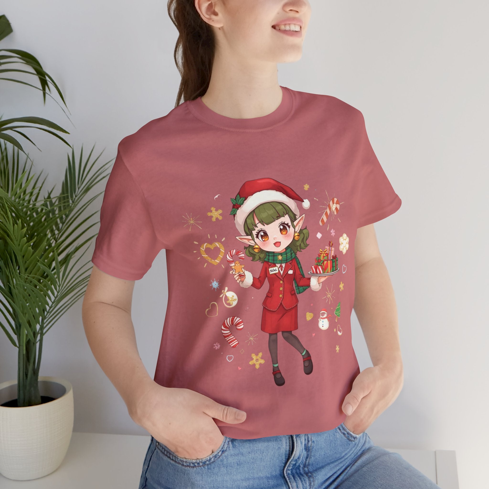 Cute Christmas Cabin Elf  Crew  Girl T‑Shirt — Holiday Anime Santa Tee