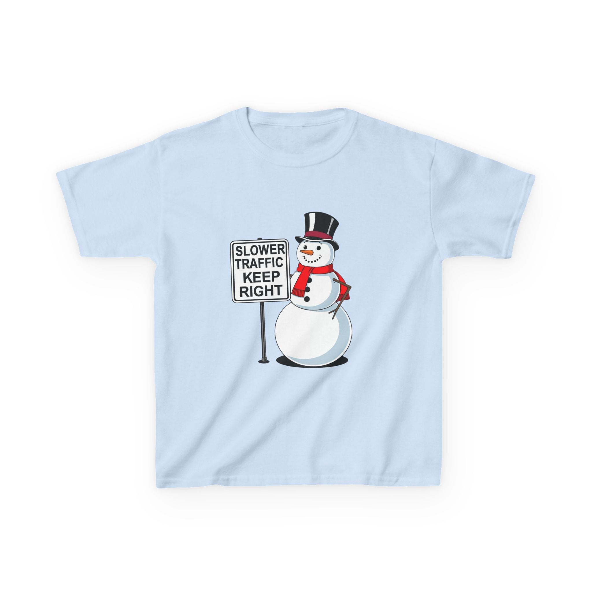 Kids Snowman Slower Traffic Keep Right Shirt – Funny Christmas Road Sign Tee | Holiday Snowman Humor Top | Gildan 5000B