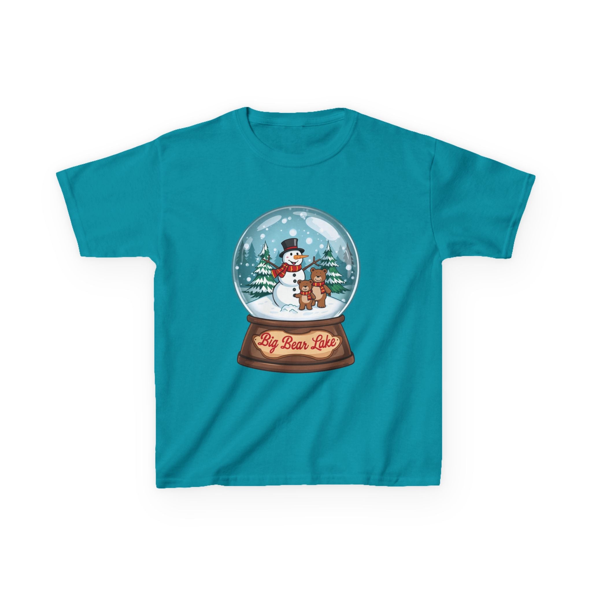 Big Bear Lake Snow Globe Kids Christmas Shirt – Cute Snowman & Bear Holiday Tee | Mountain Winter Cabin Gift | Christmas Kids Tee | Gildan 5000B