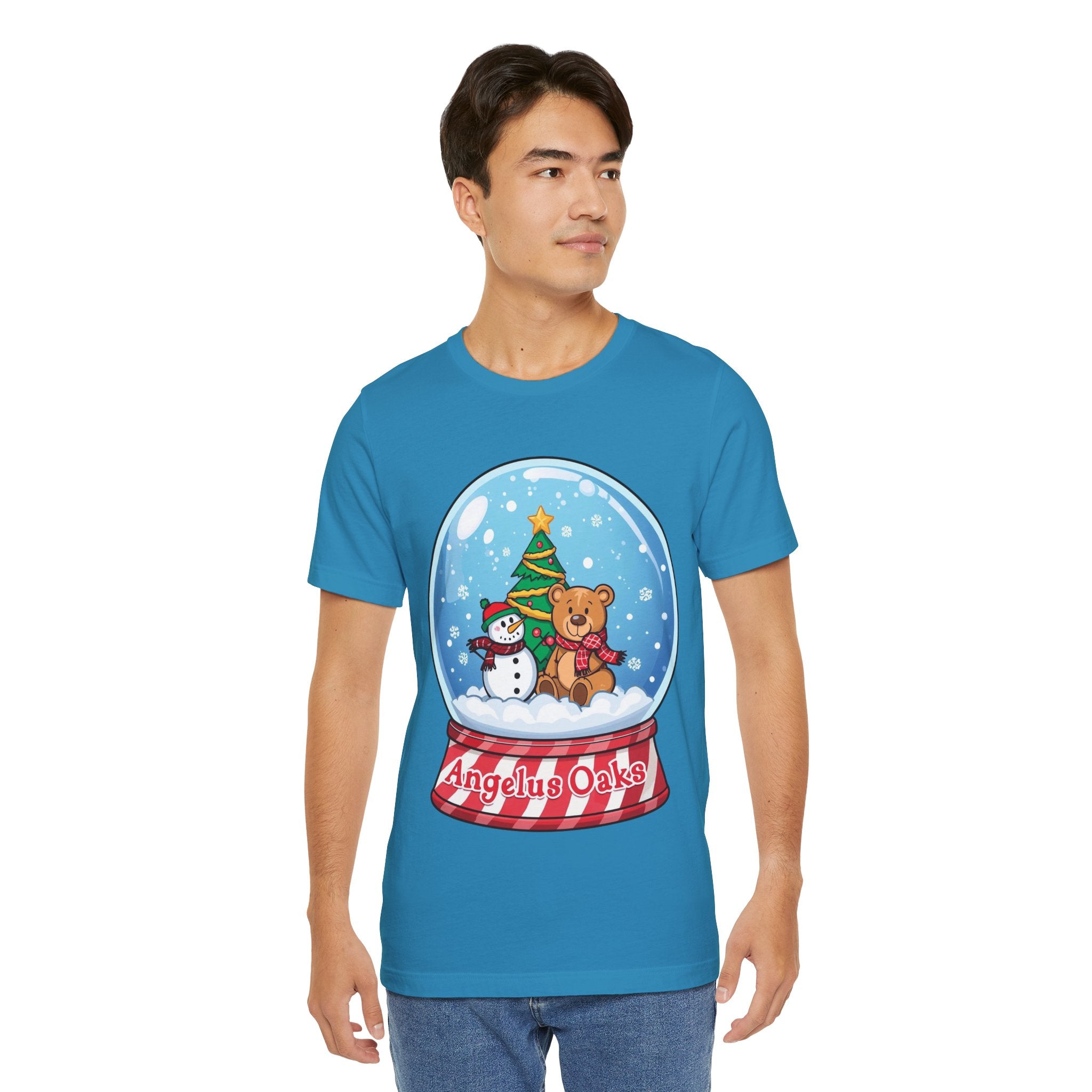 Angelus Oaks Christmas Shirt – Snow Globe Bear & Snowman Holiday Tee | Cute Mountain Town Christmas Shirt | Bella Canvas 3001