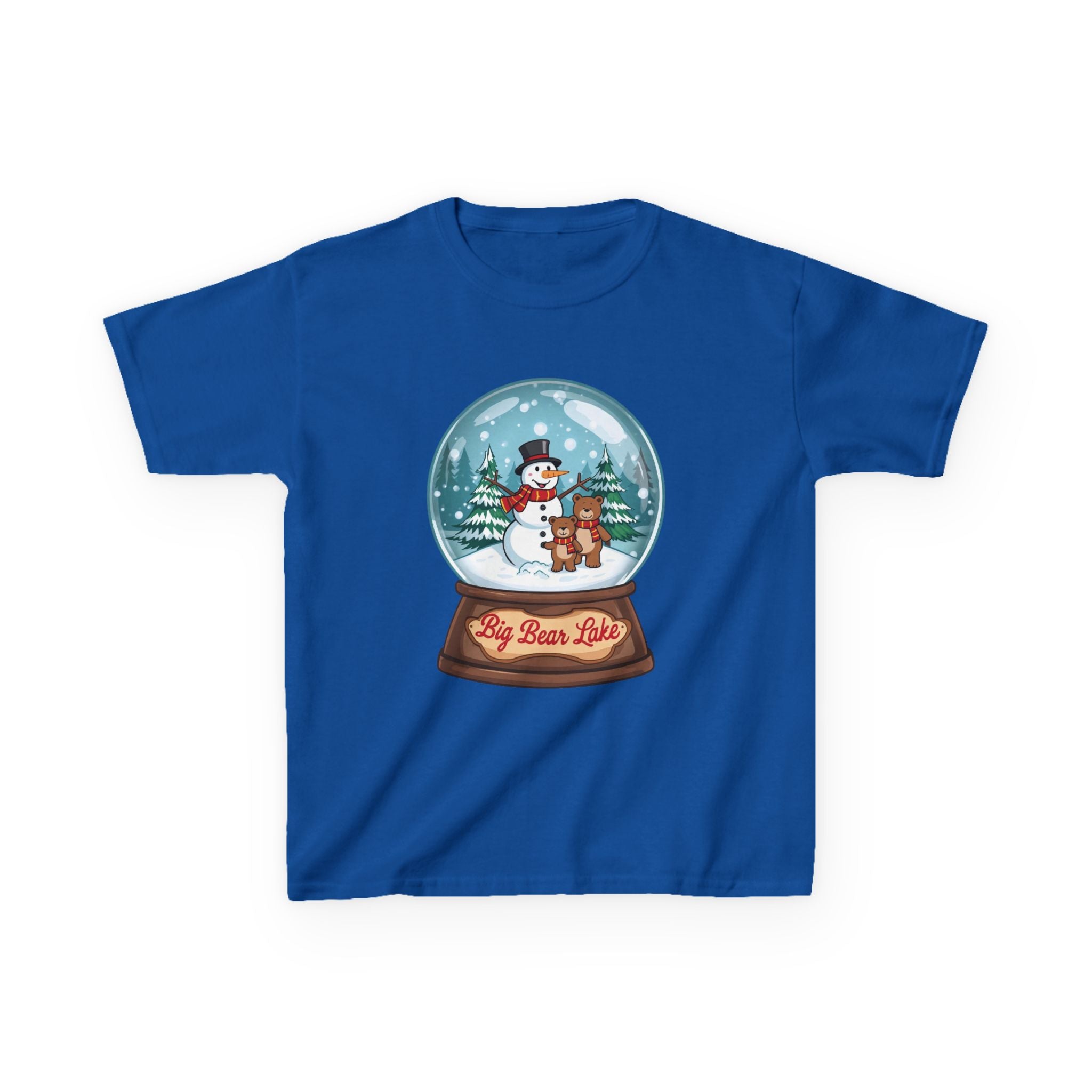 Big Bear Lake Snow Globe Kids Christmas Shirt – Cute Snowman & Bear Holiday Tee | Mountain Winter Cabin Gift | Christmas Kids Tee | Gildan 5000B