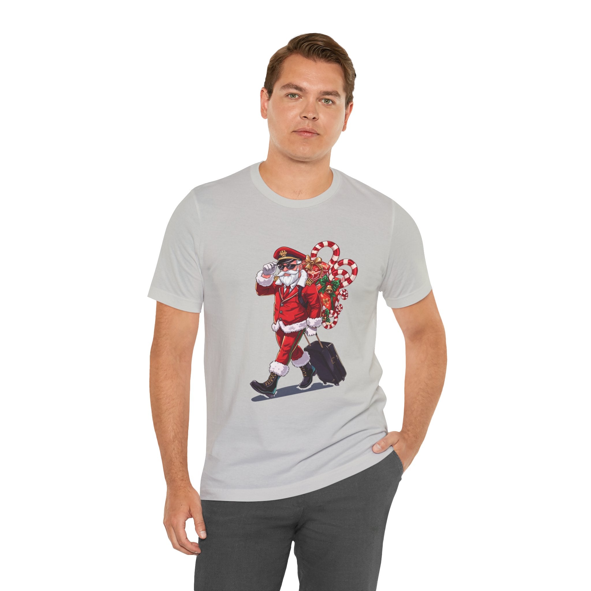 Saucy Santa Pilot T‑Shirt — Vintage Christmas Santa with Candy Cane Sack