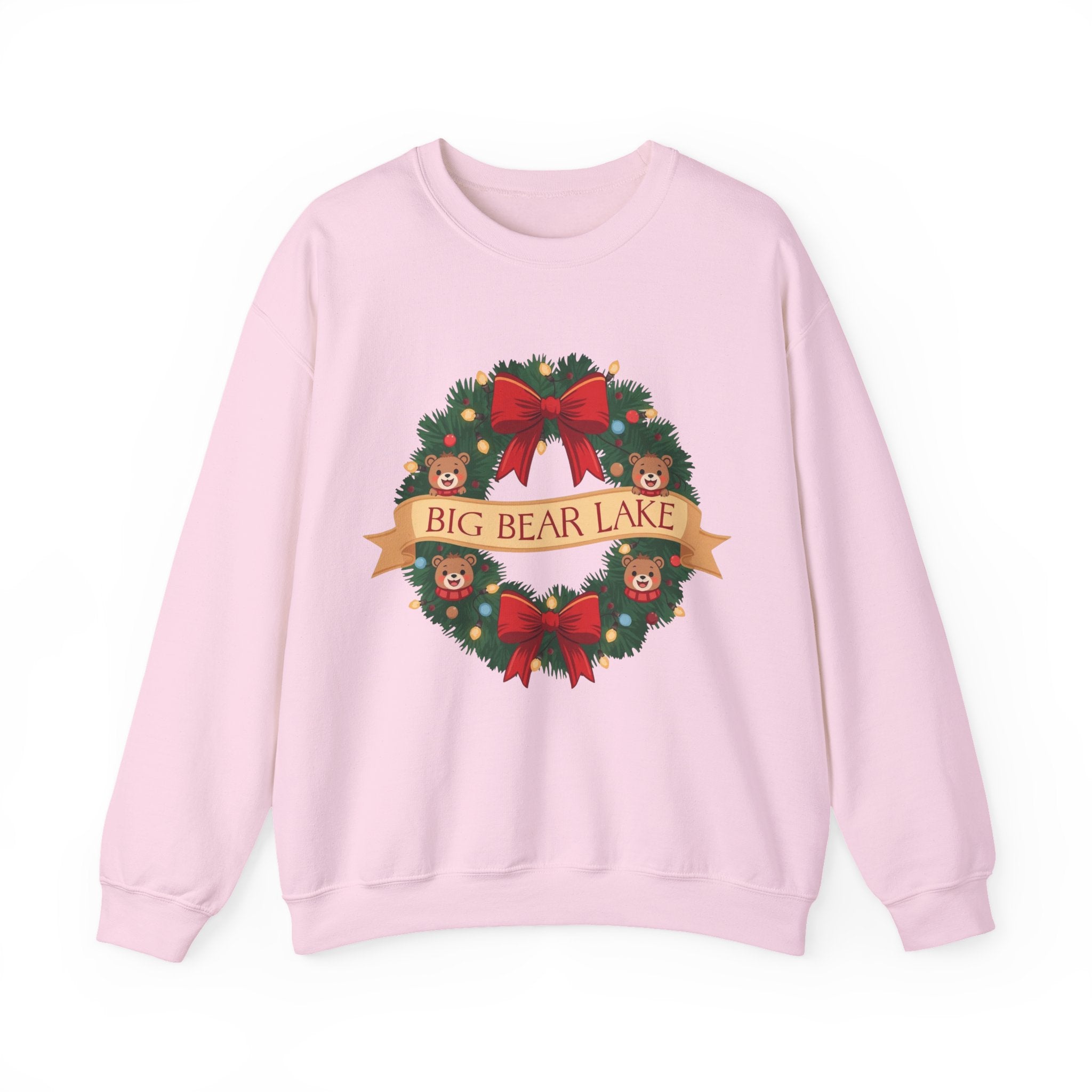 Big Bear Lake Christmas Wreath Sweatshirt — Cute Holiday Bears & Lights | Gildan 18000