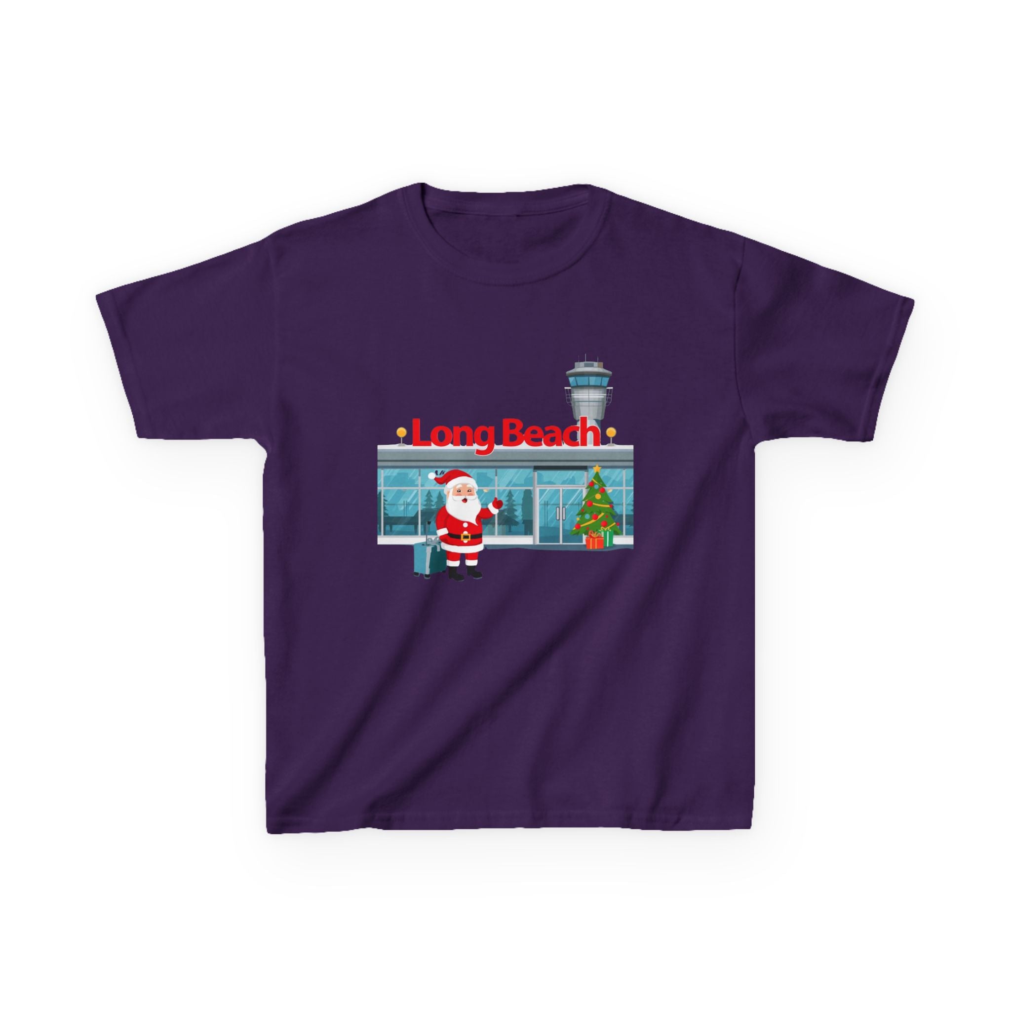 Kids Long Beach Airport Christmas Shirt – Santa Arrival Youth Tee | Cute Holiday Travel Shirt | Santa Luggage Graphic | Gildan 5000B