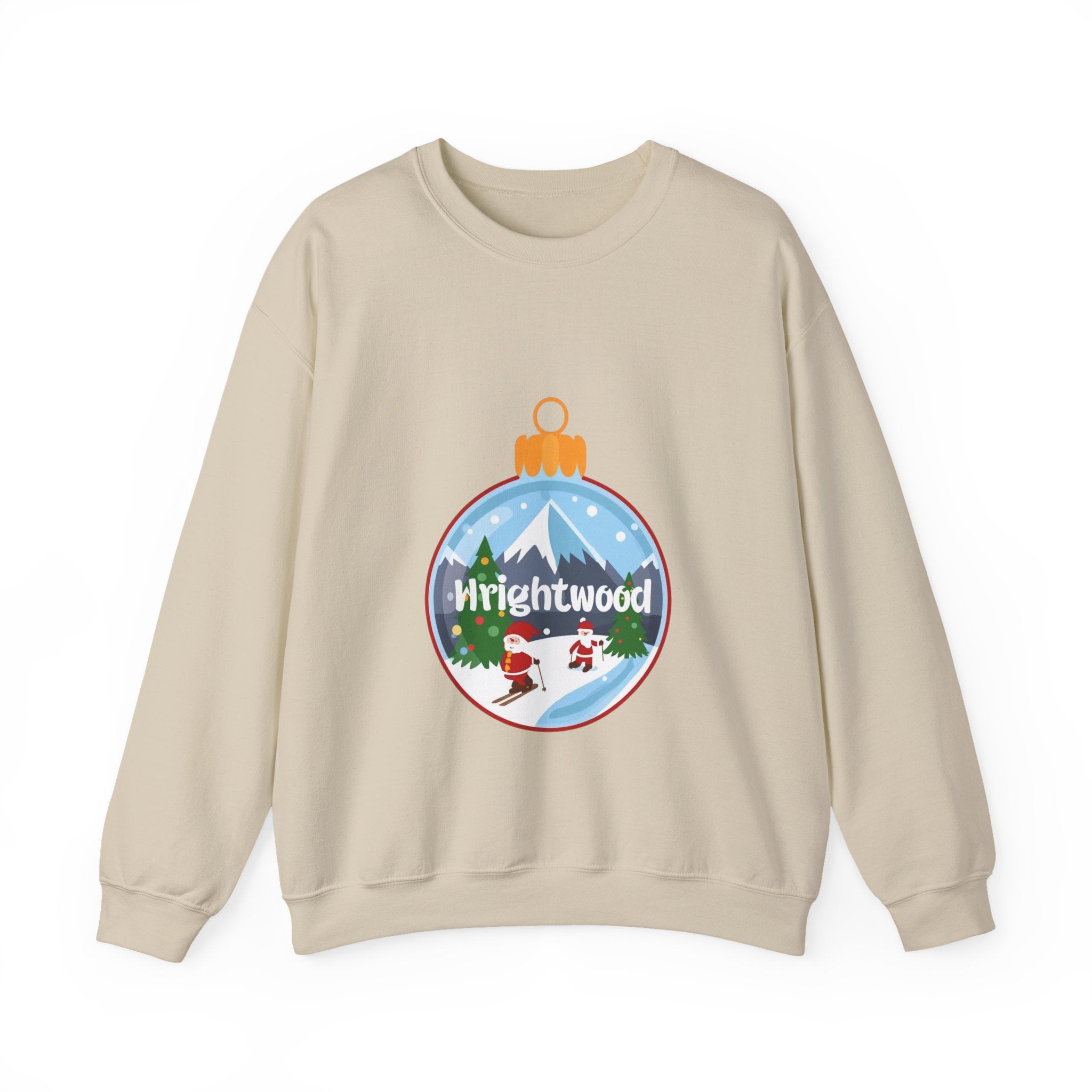 Wrightwood Christmas Sweatshirt – Cute Holiday Ornament Santa Skiing Crewneck | Mountain Town Christmas Gift | Gildan 18000