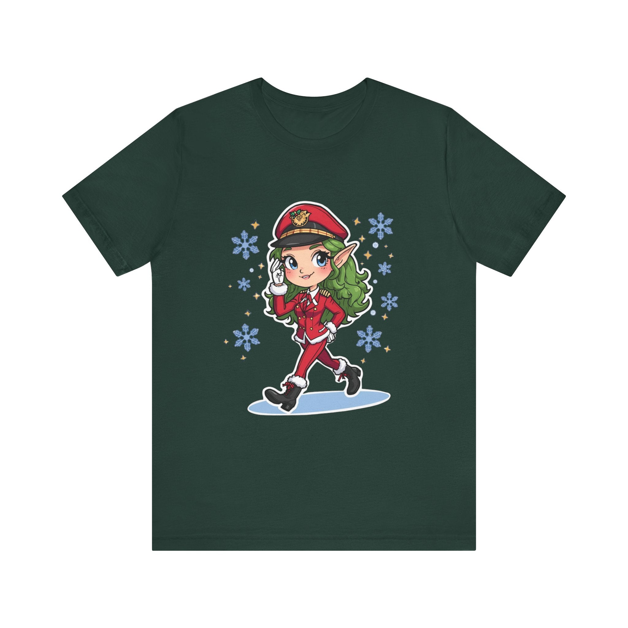 Christmas Elf Pilot T‑Shirt — Cute Holiday Elf Cartoon Tee with Snowflakes