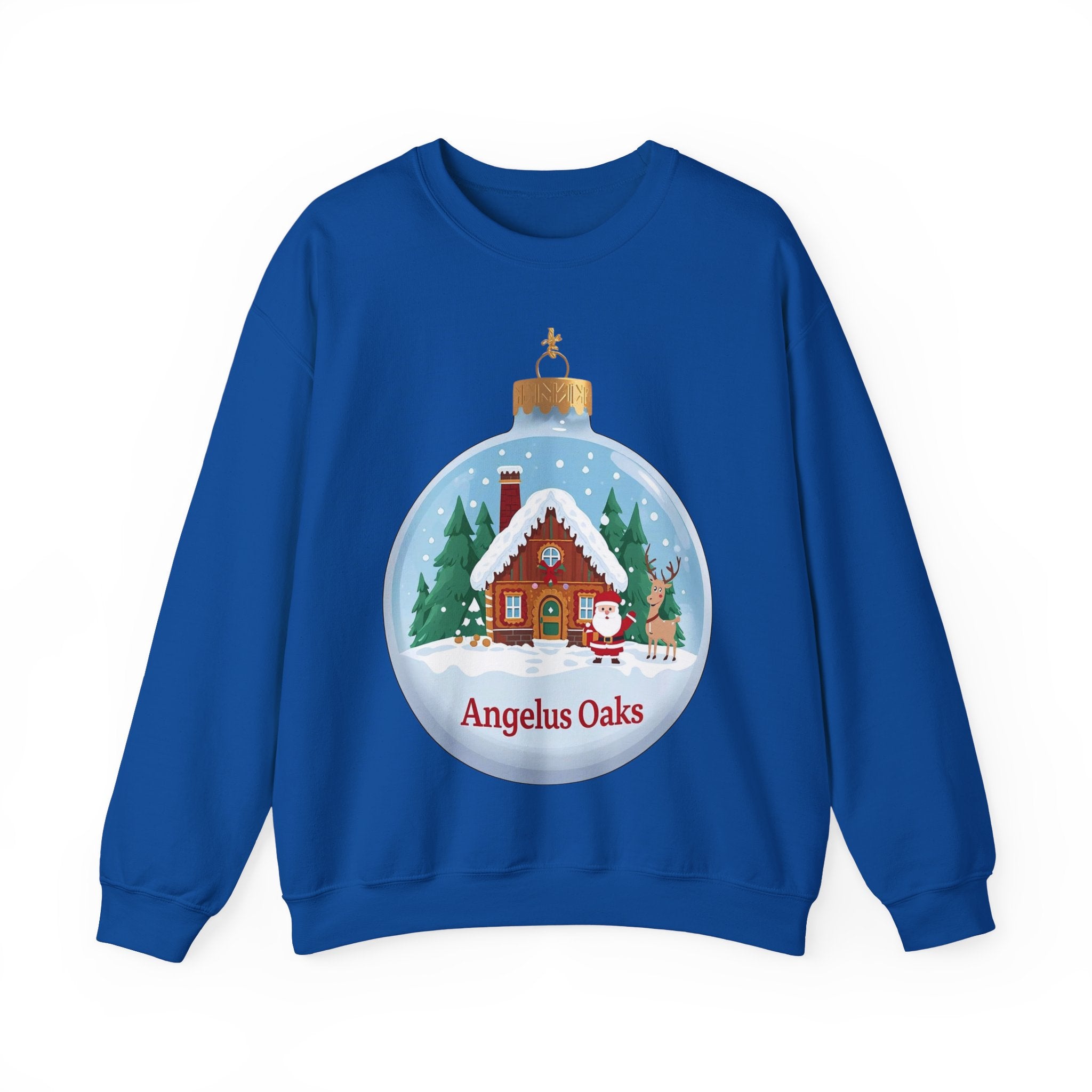 Angelus Oaks Christmas Sweatshirt – Santa & Reindeer Cabin Ornament Crewneck | Mountain Town Holiday Sweater | Gildan 18000