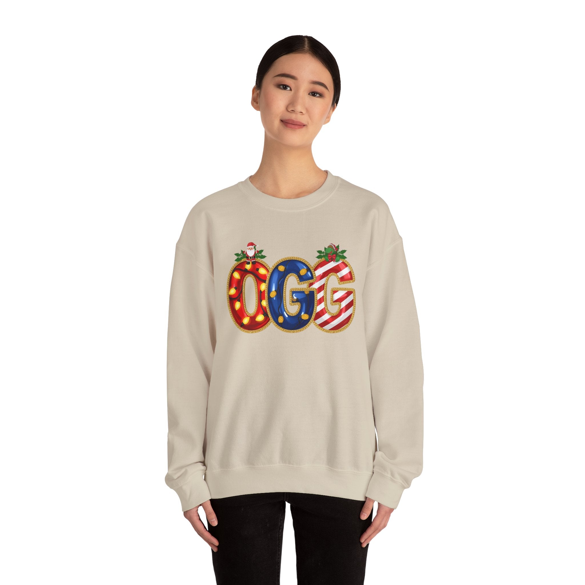 OGG Christmas Sweatshirt – Festive Holiday Letter Art Crewneck | Winter Travel Gift | Gildan 18000