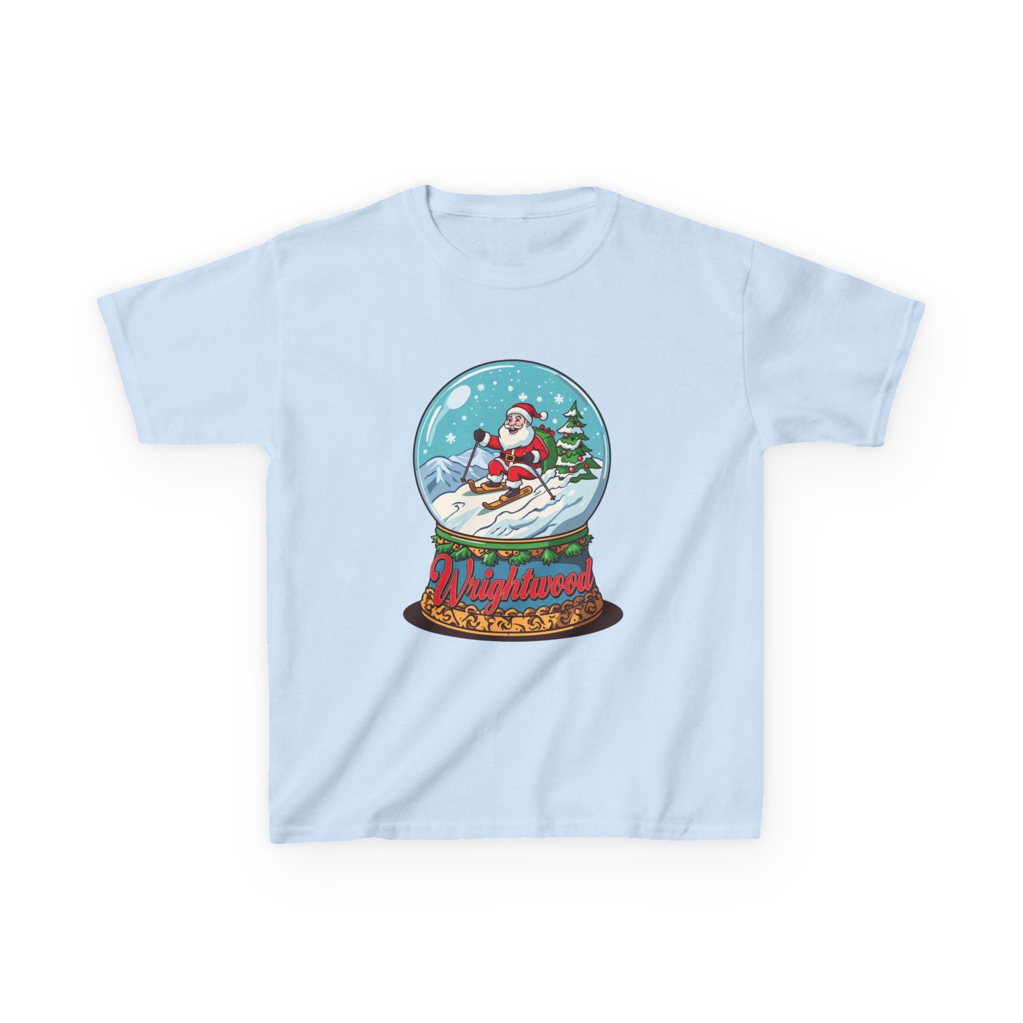 Wrightwood Christmas Kids Shirt – Cute Skiing Santa Snow Globe Tee | Mountain Town Christmas Gift for Kids | Gildan 5000B