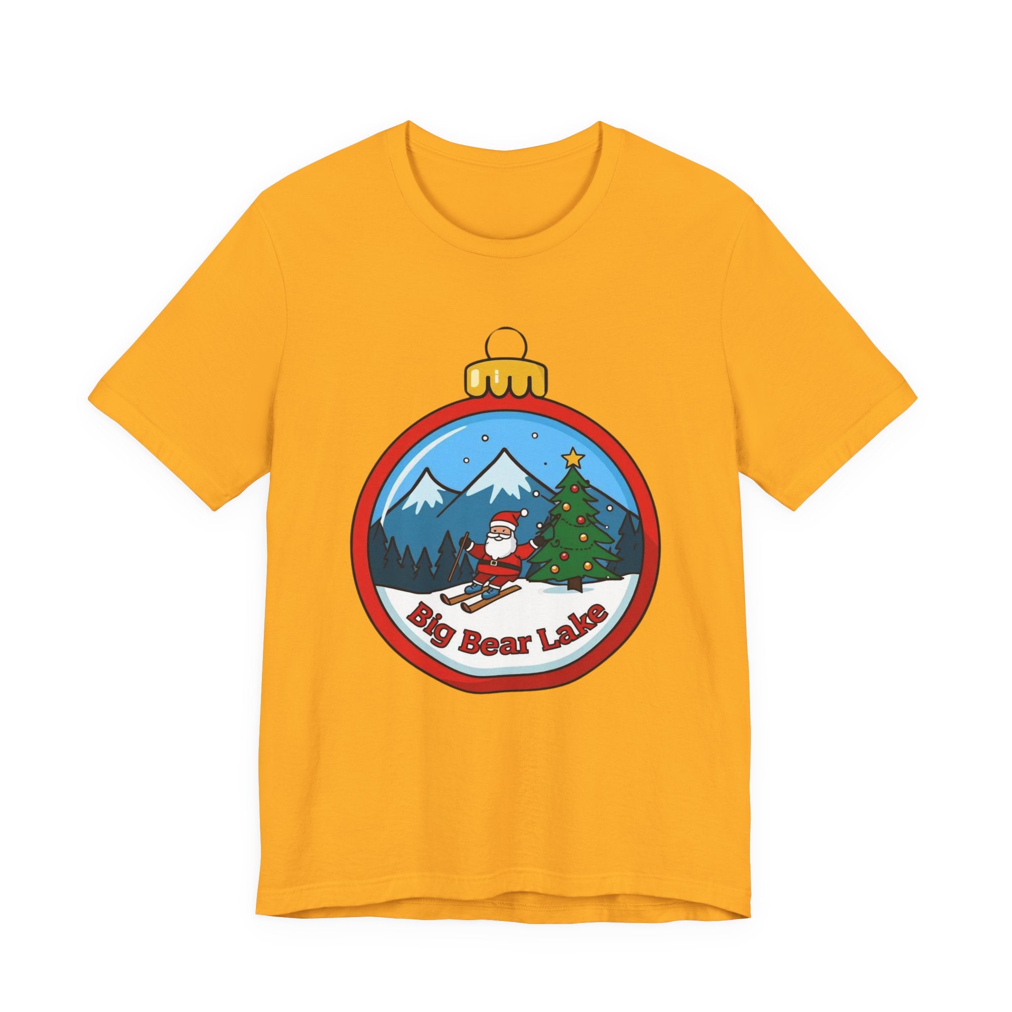 Big Bear Lake Skiing Santa Ornament T-Shirt — Christmas Mountain Holiday Tee | Bella Canvas 3001