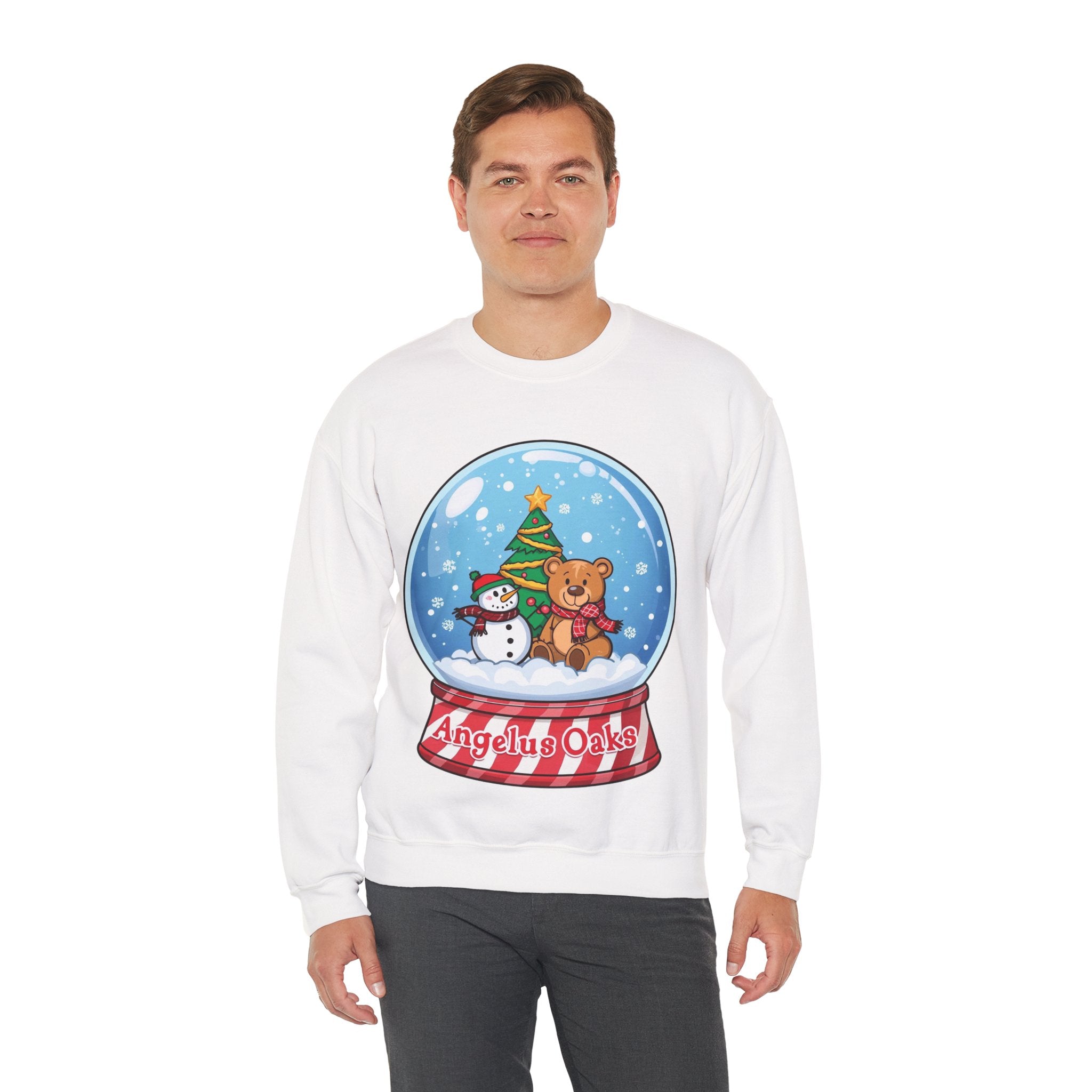 Angelus Oaks Christmas Sweatshirt – Snow Globe Bear & Snowman Crewneck | Cozy Mountain Town Holiday Sweater | Gildan 18000