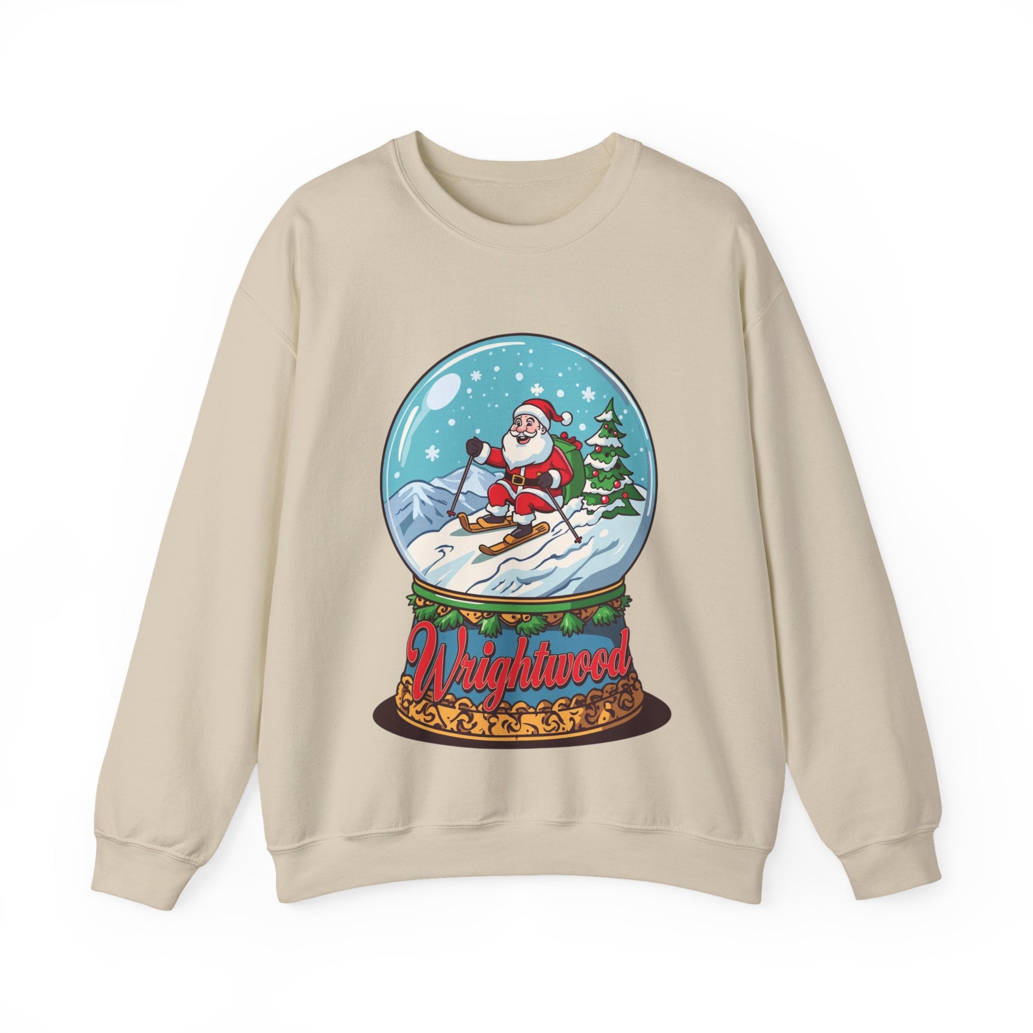 Wrightwood Christmas Sweatshirt – Cute Skiing Santa Snow Globe Crewneck | Mountain Town Christmas Gift | Gildan 18000