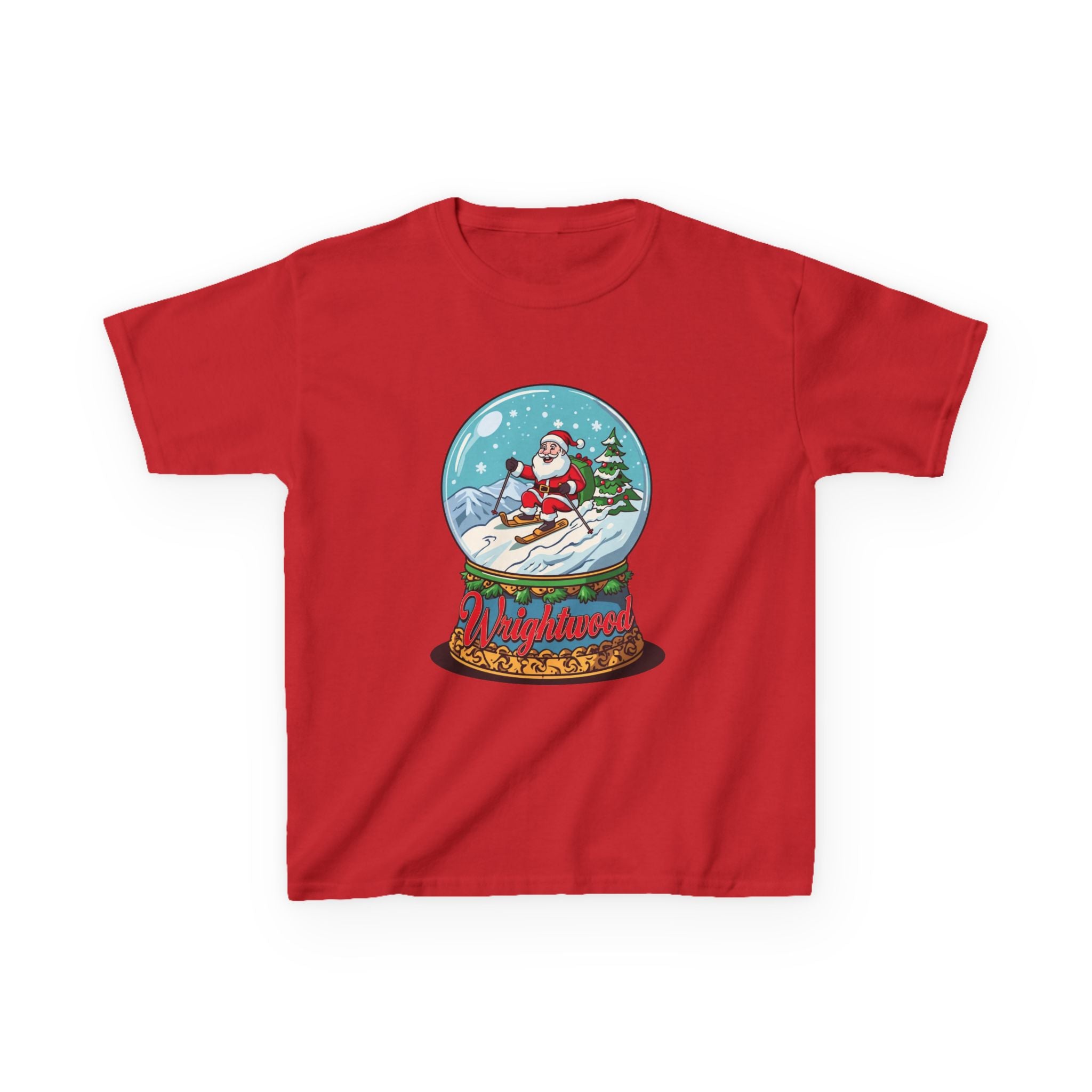 Wrightwood Christmas Kids Shirt – Cute Skiing Santa Snow Globe Tee | Mountain Town Christmas Gift for Kids | Gildan 5000B