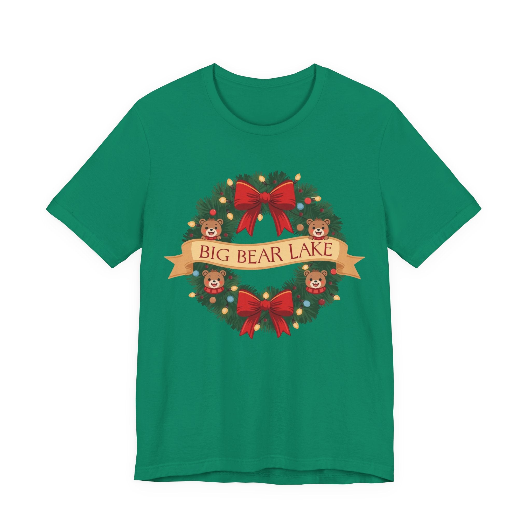 Big Bear Lake Christmas Wreath T-Shirt — Cute Holiday Bears & Lights | Bella Canvas 3001