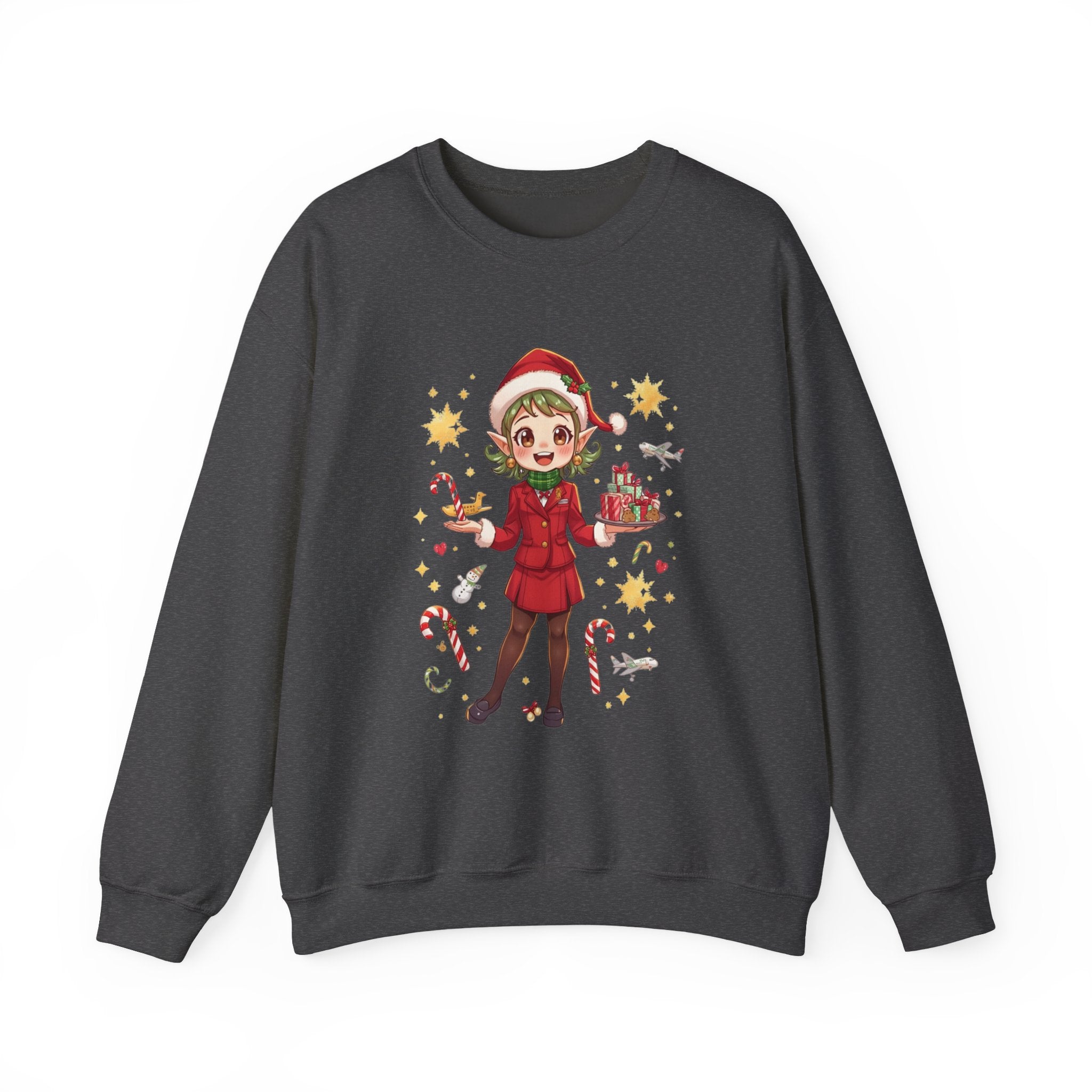 Christmas Elf Cabin Crewneck Sweatshirt — Cute Holiday Girl with Gifts & Candy Canes
