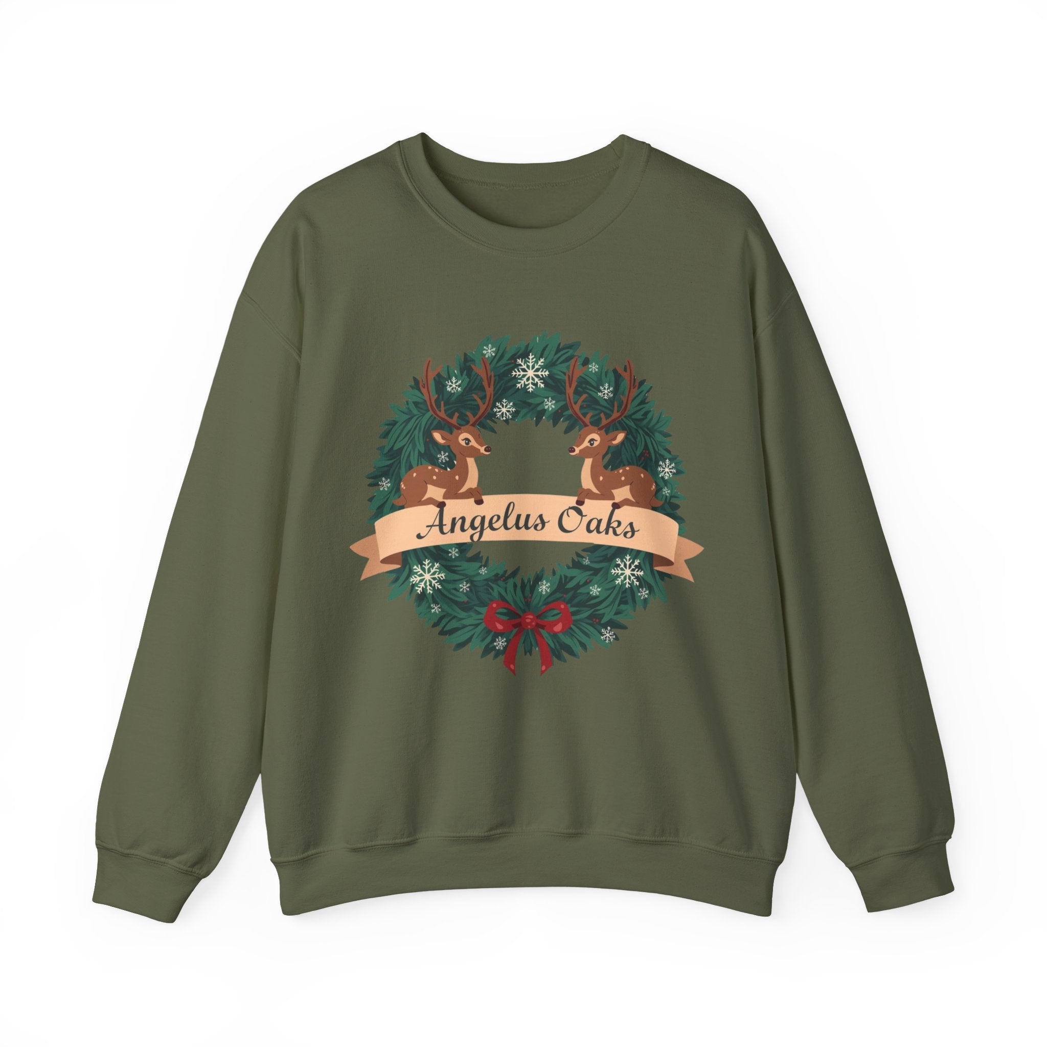 Angelus Oaks Christmas Sweatshirt – Deer Wreath Holiday Crewneck | Cozy Mountain Town Christmas Sweater | Gildan 18000