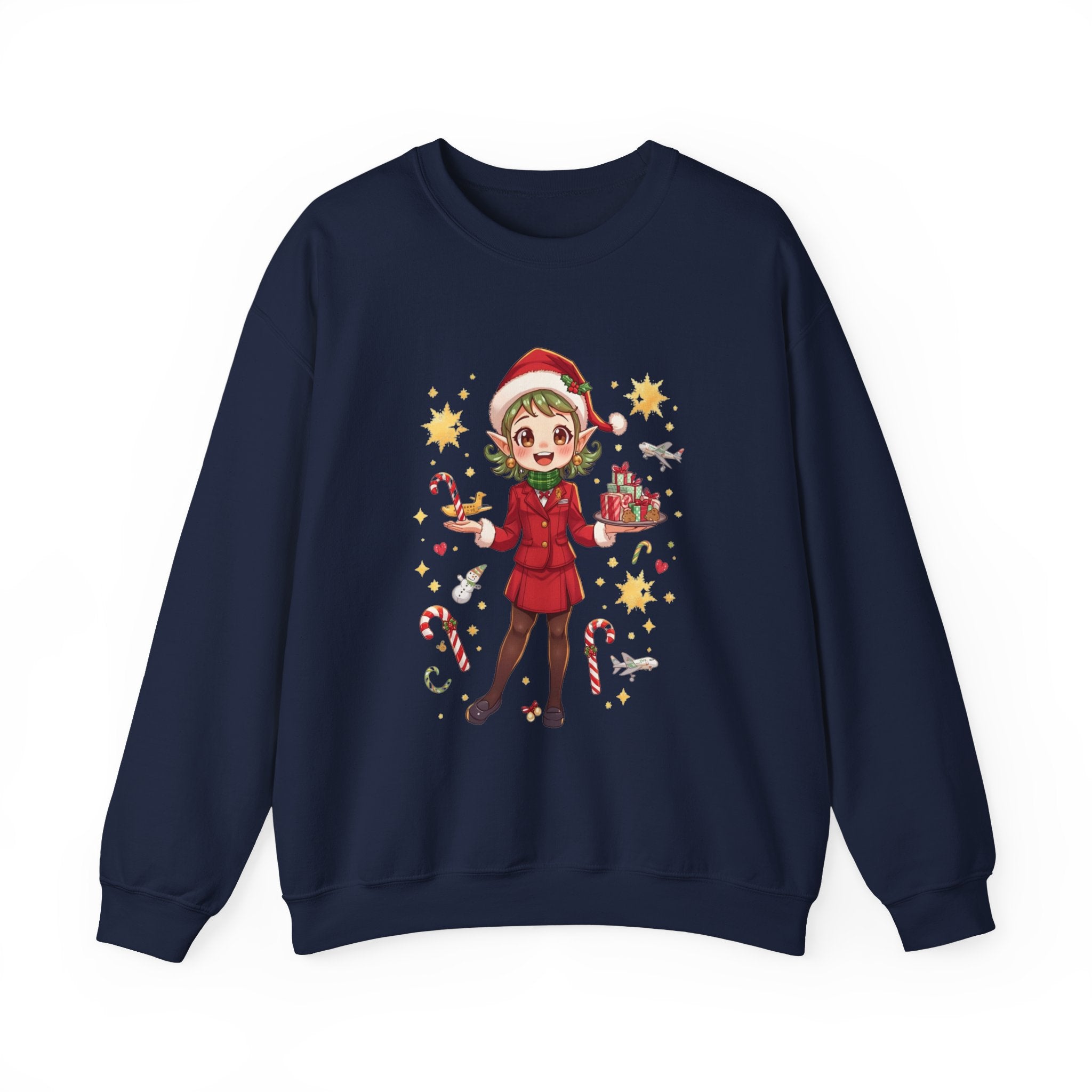 Christmas Elf Cabin Crewneck Sweatshirt — Cute Holiday Girl with Gifts & Candy Canes