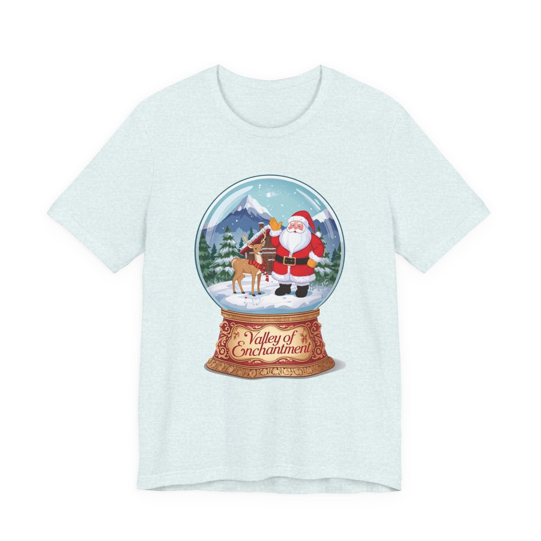 Valley of Enchantment Christmas Shirt – Cute Snow Globe Santa & Reindeer Cabin Tee | Mountain Town Christmas Gift | Bella Canvas 3001