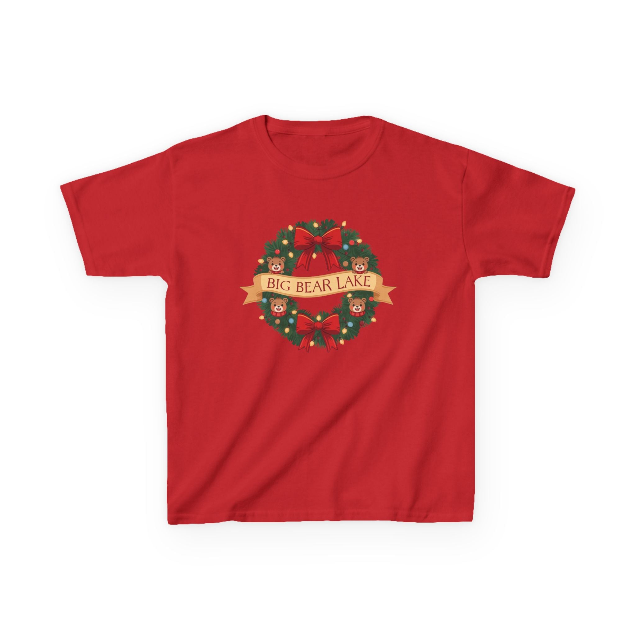 Kids Big Bear Lake Christmas Wreath Shirt — Cute Holiday Bears T-Shirt | Gildan 5000B