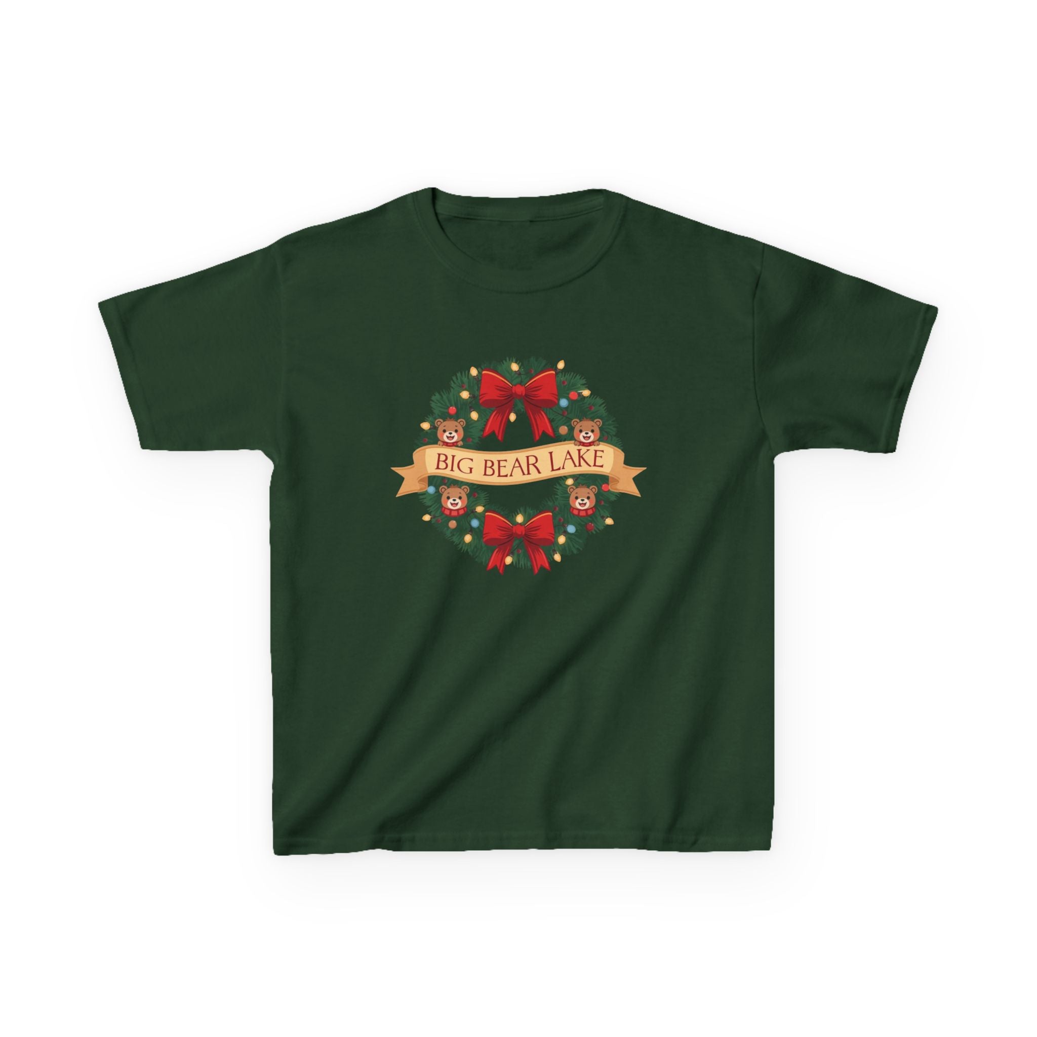 Kids Big Bear Lake Christmas Wreath Shirt — Cute Holiday Bears T-Shirt | Gildan 5000B