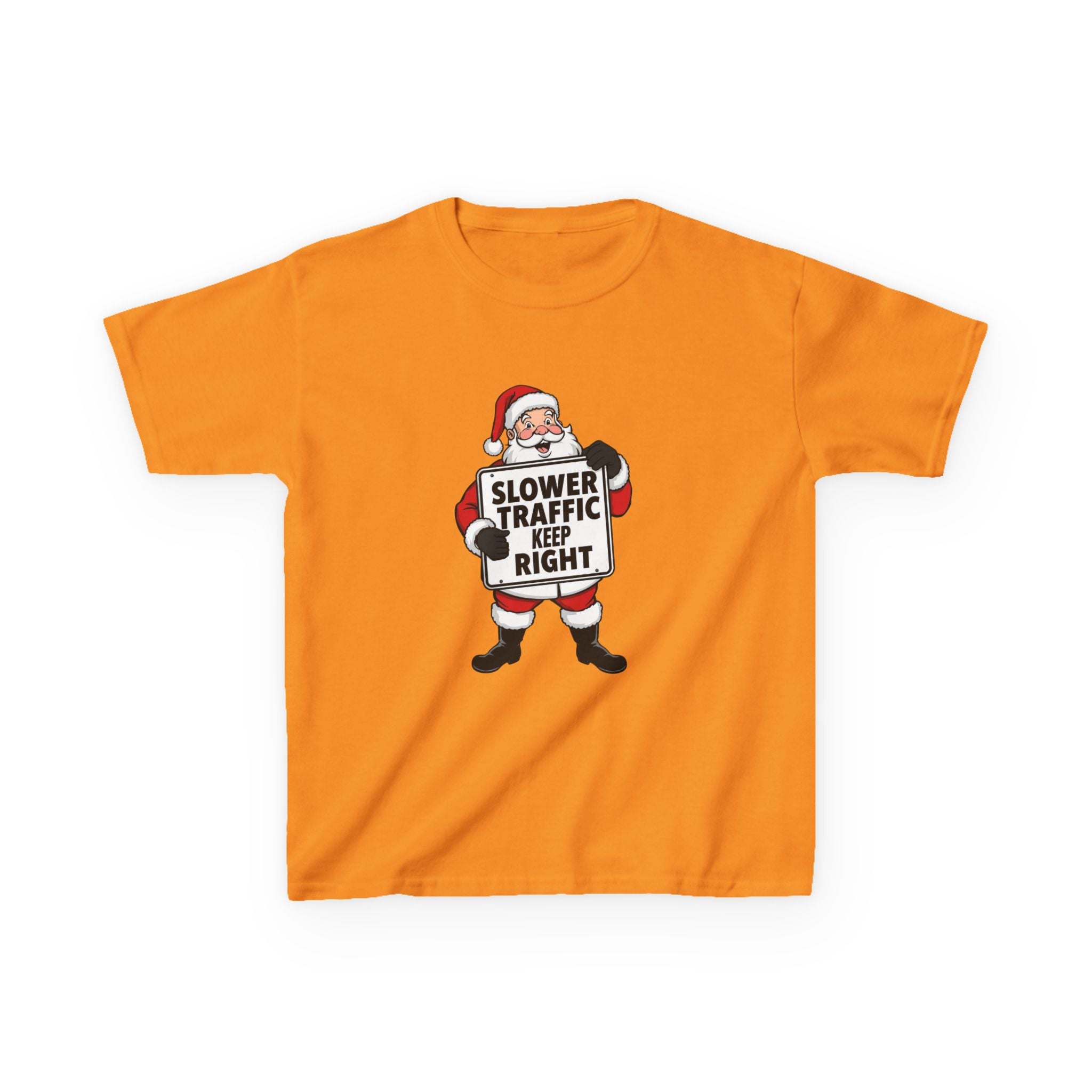Slower Traffic Keep Right Santa Kids Christmas Shirt – Funny Holiday Driving Sign Tee | Santa Humor Christmas Tee | Youth Gildan 5000B