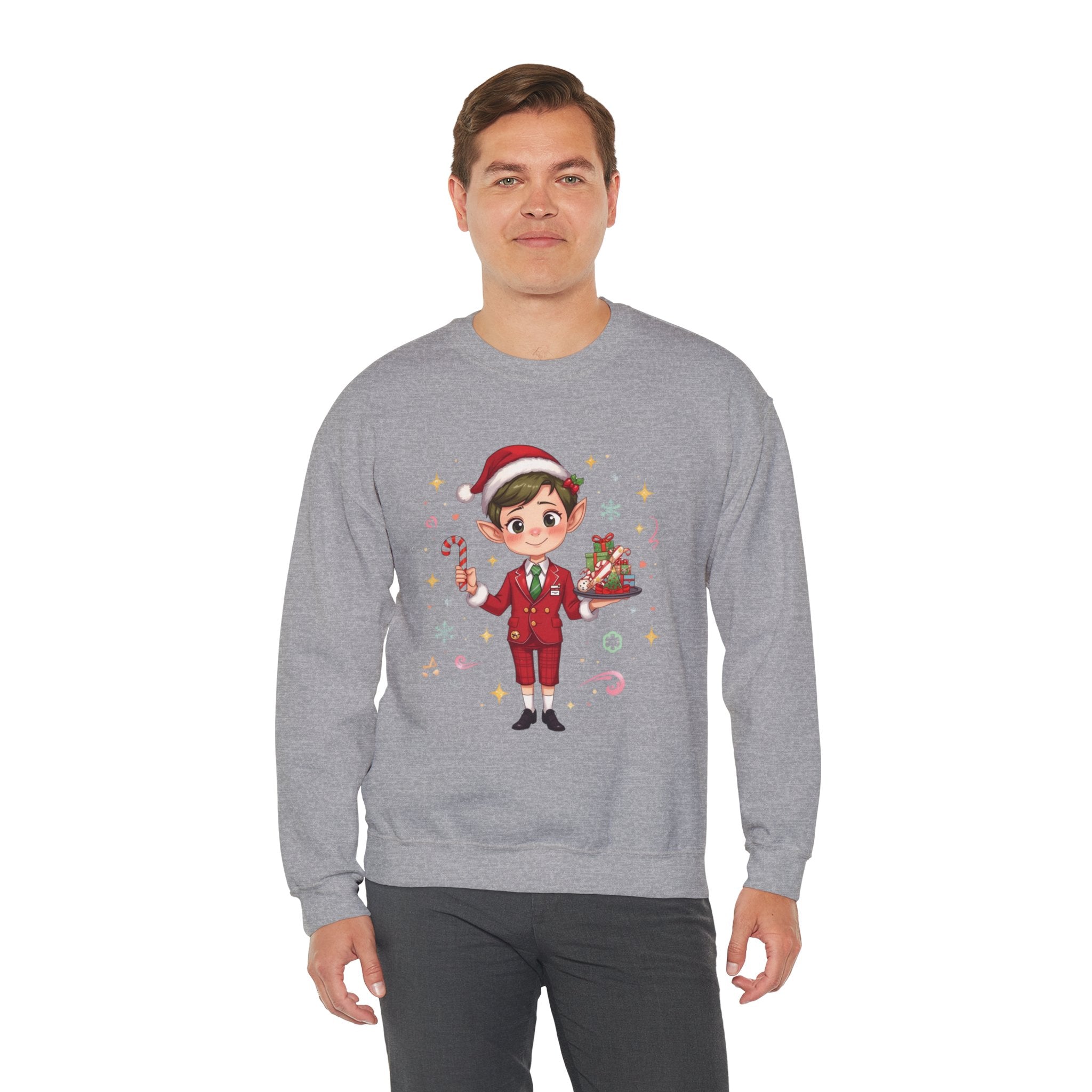 Christmas Cabin Elf Crewneck Sweatshirt — Cute Holiday Elf Holding Candy Cane & Gifts