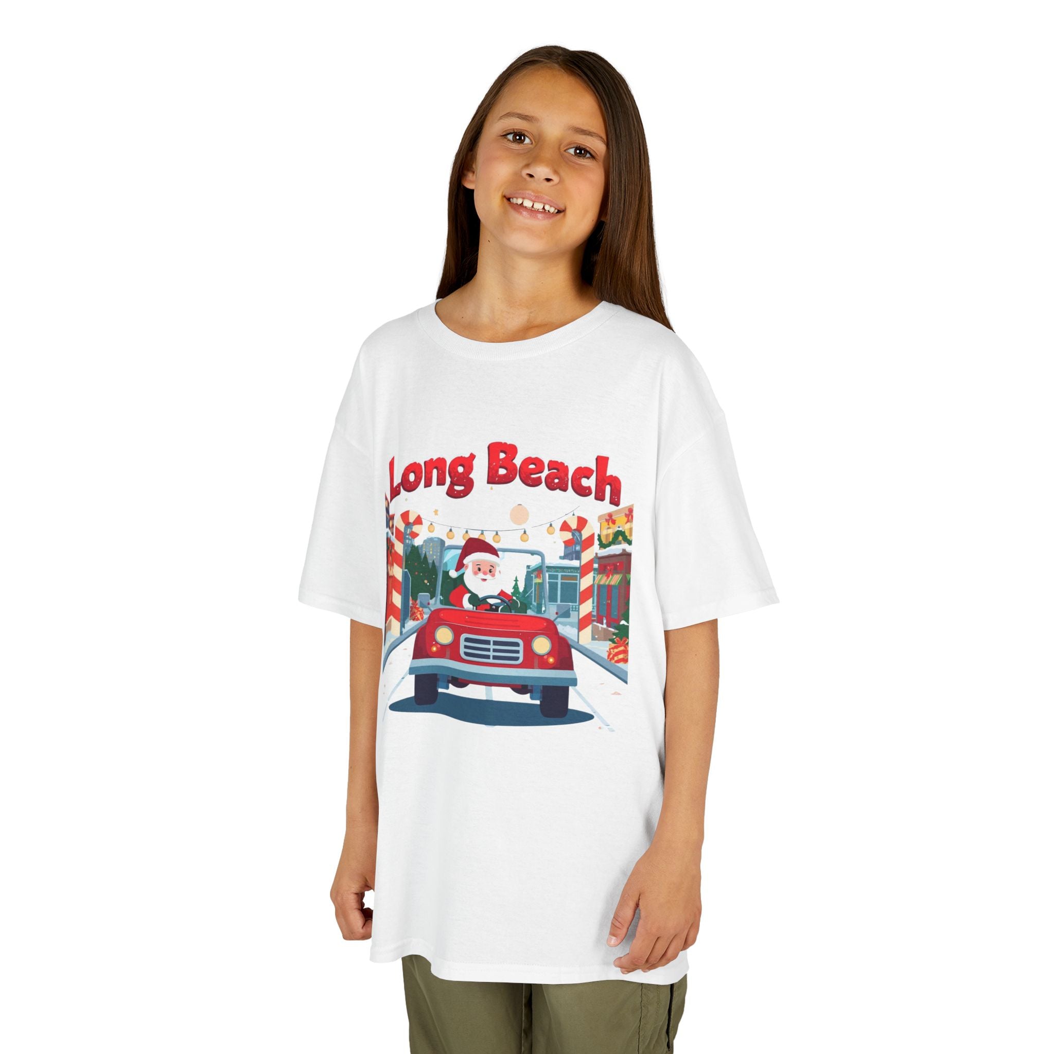 Kids Long Beach Christmas Santa Car Shirt – Cute Holiday Youth Tee | Santa Driving Graphic | California Christmas Kids T-Shirt | Gildan 5000B