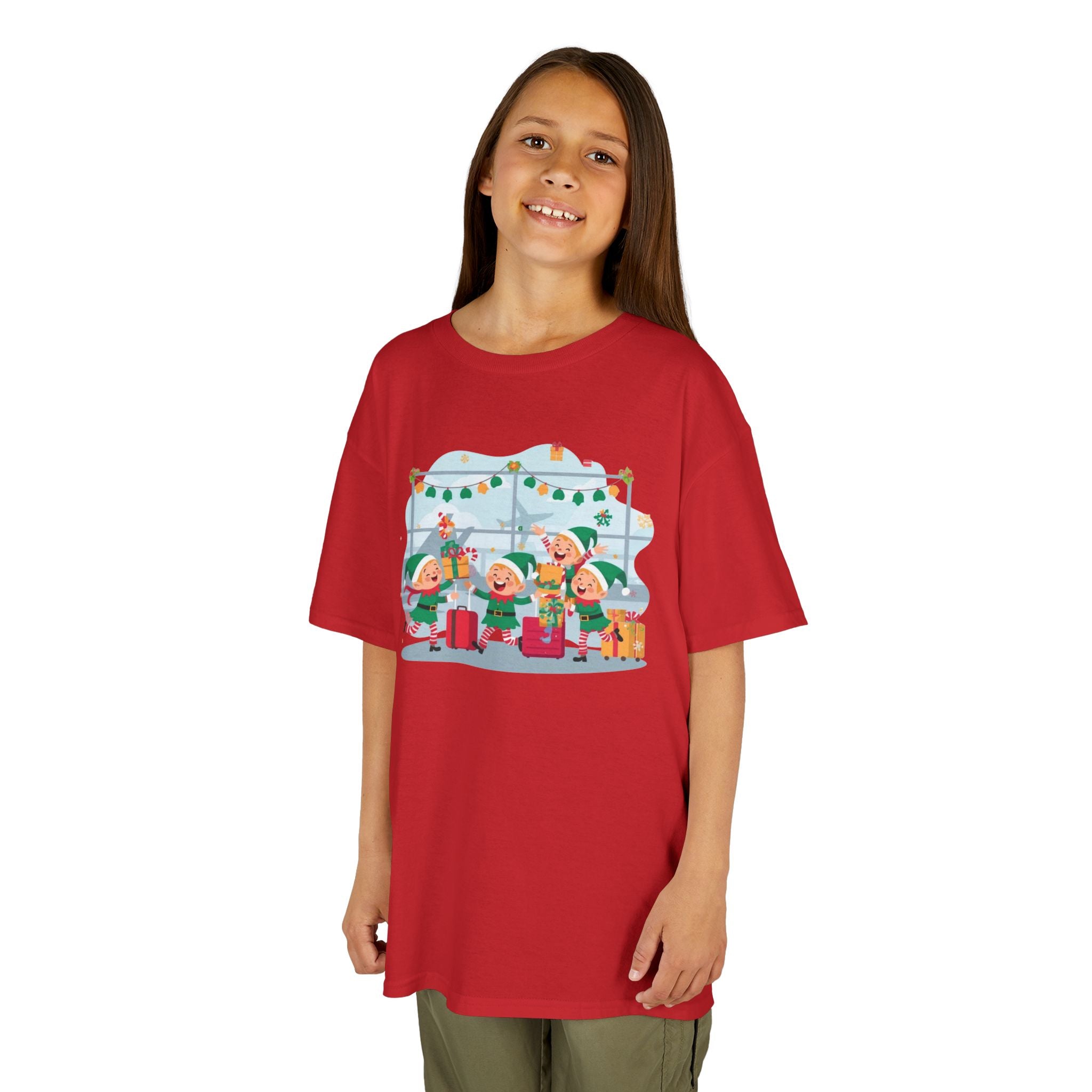 Kids Christmas Elves Airport Shirt — Cute Holiday Travel T-Shirt | Gildan 5000B