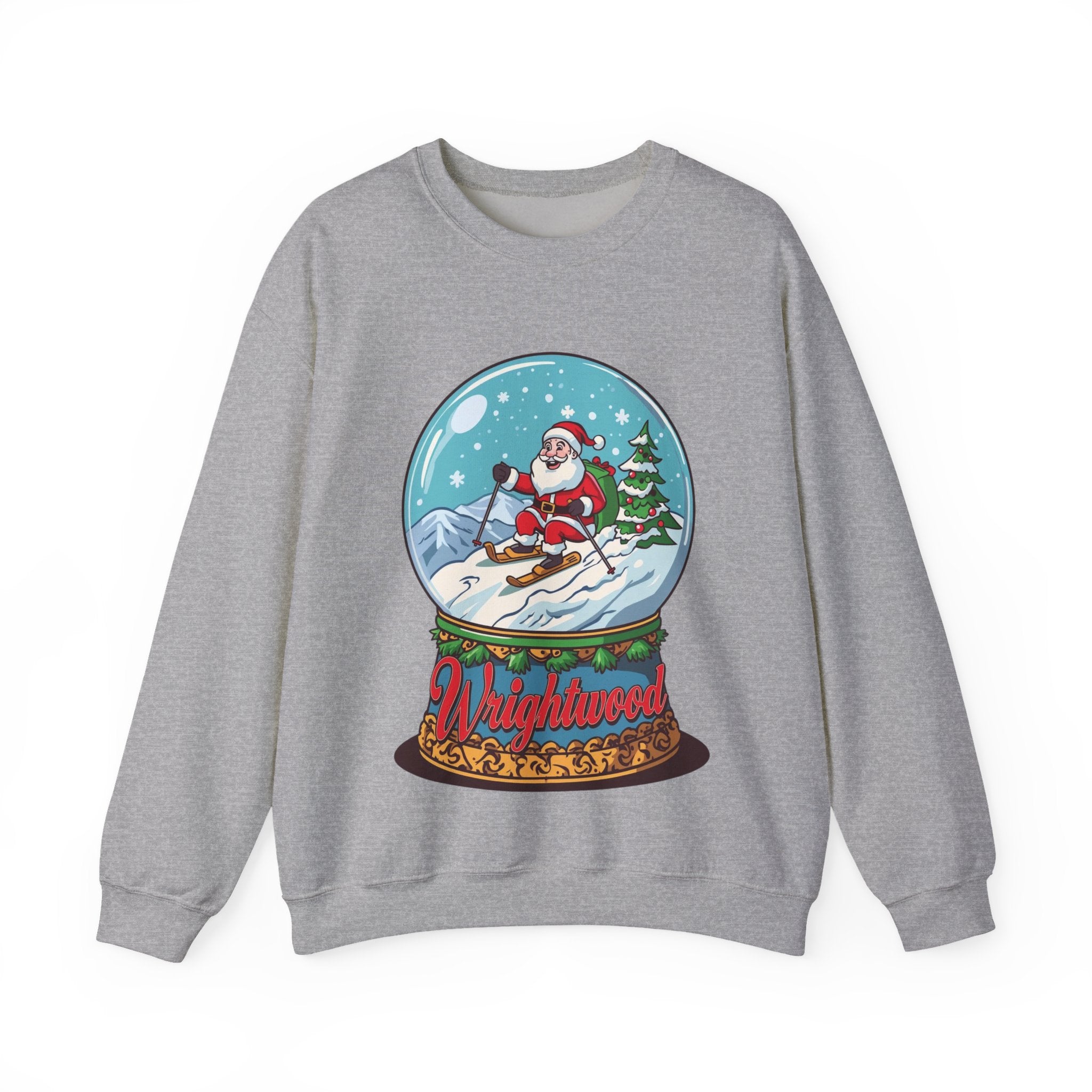 Wrightwood Christmas Sweatshirt – Cute Skiing Santa Snow Globe Crewneck | Mountain Town Christmas Gift | Gildan 18000